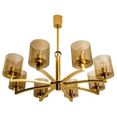 Chandelier 8 Icicle Glass Shades and Brass, in the Style of Kalmar, circa 1960s