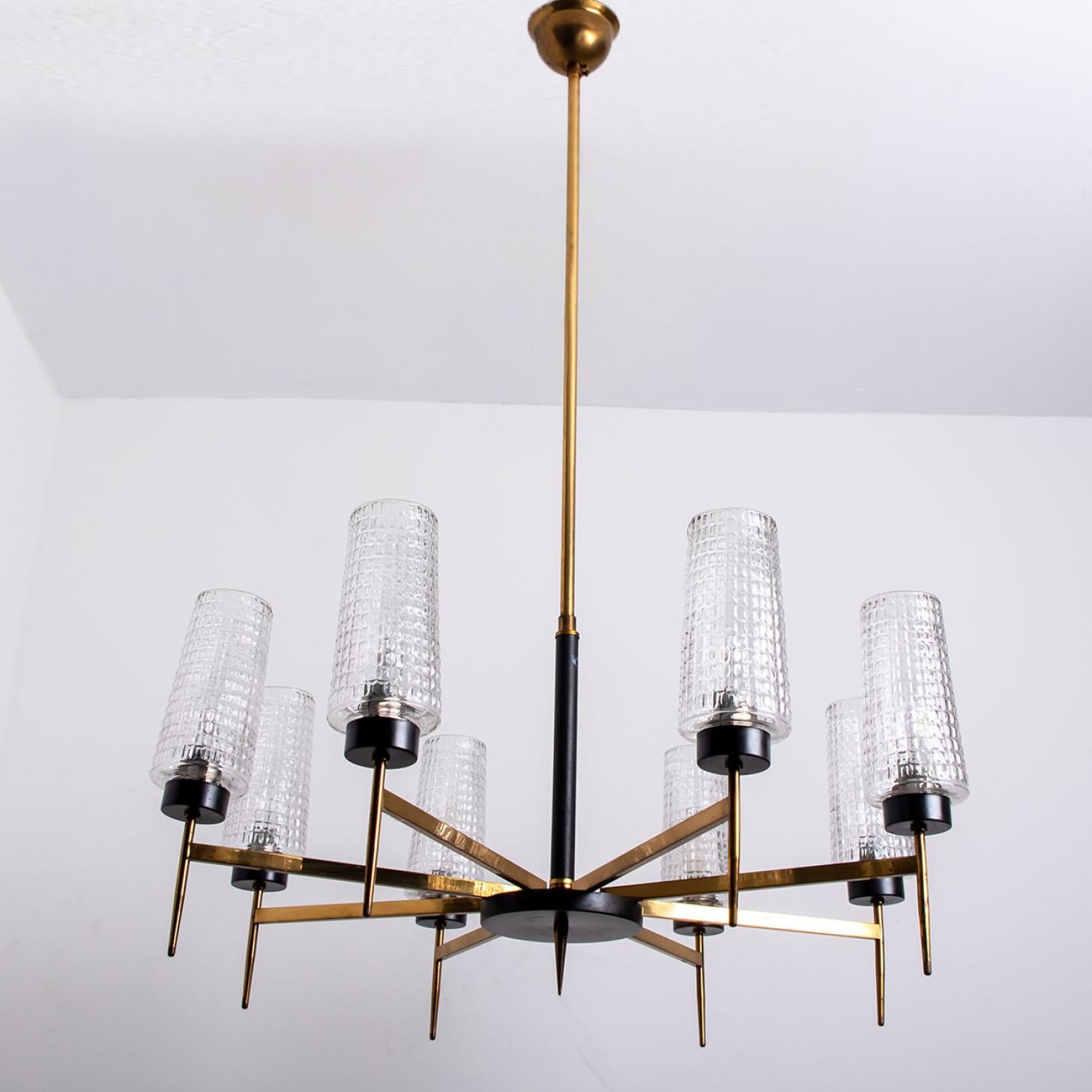 Chandelier 8 Waffle Glass Shades and Brass by Kaiser Leuchten Germany For Sale 6