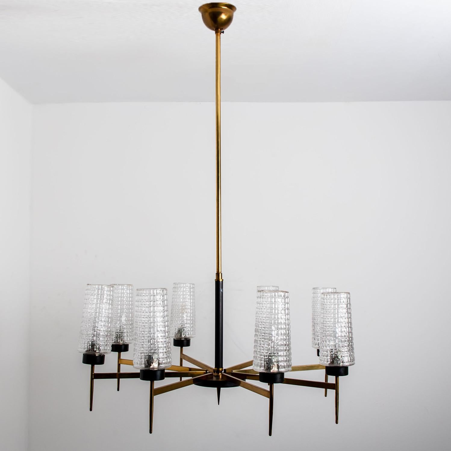 Mid-Century Modern Chandelier 8 Waffle Glass Shades and Brass by Kaiser Leuchten Germany For Sale
