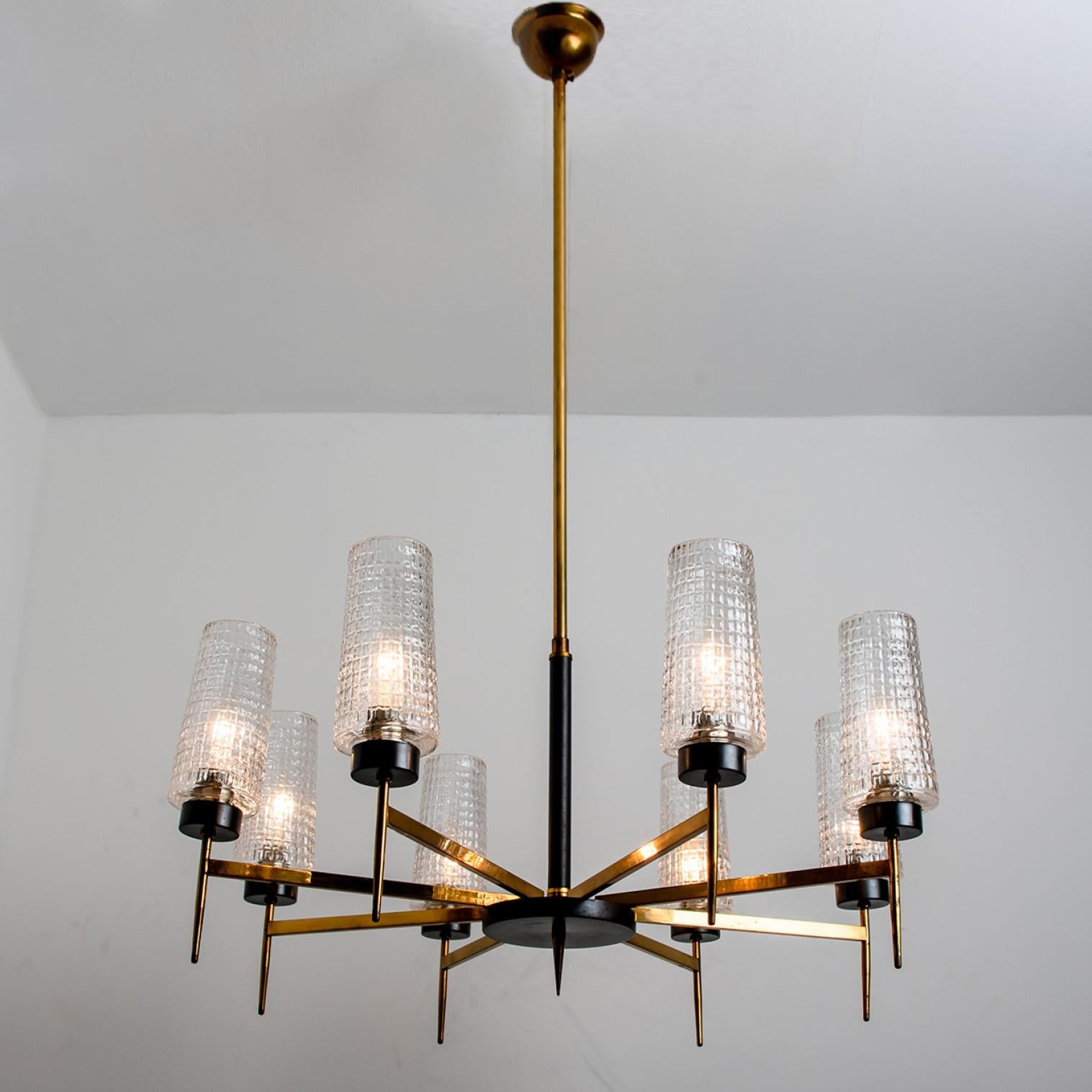 Mid-20th Century Chandelier 8 Waffle Glass Shades and Brass by Kaiser Leuchten Germany For Sale