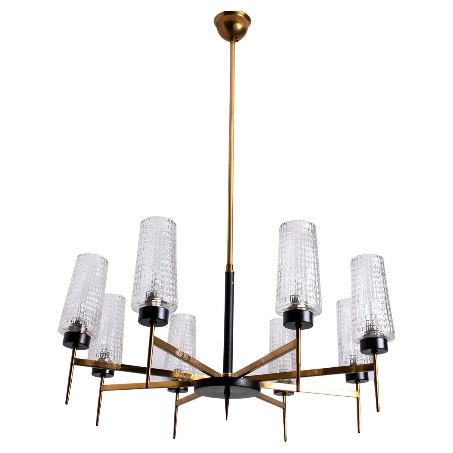 Chandelier 8 Waffle Glass Shades and Brass by Kaiser Leuchten Germany For Sale