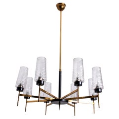 Chandelier 8 Waffle Glass Shades and Brass by Kaiser Leuchten Germany