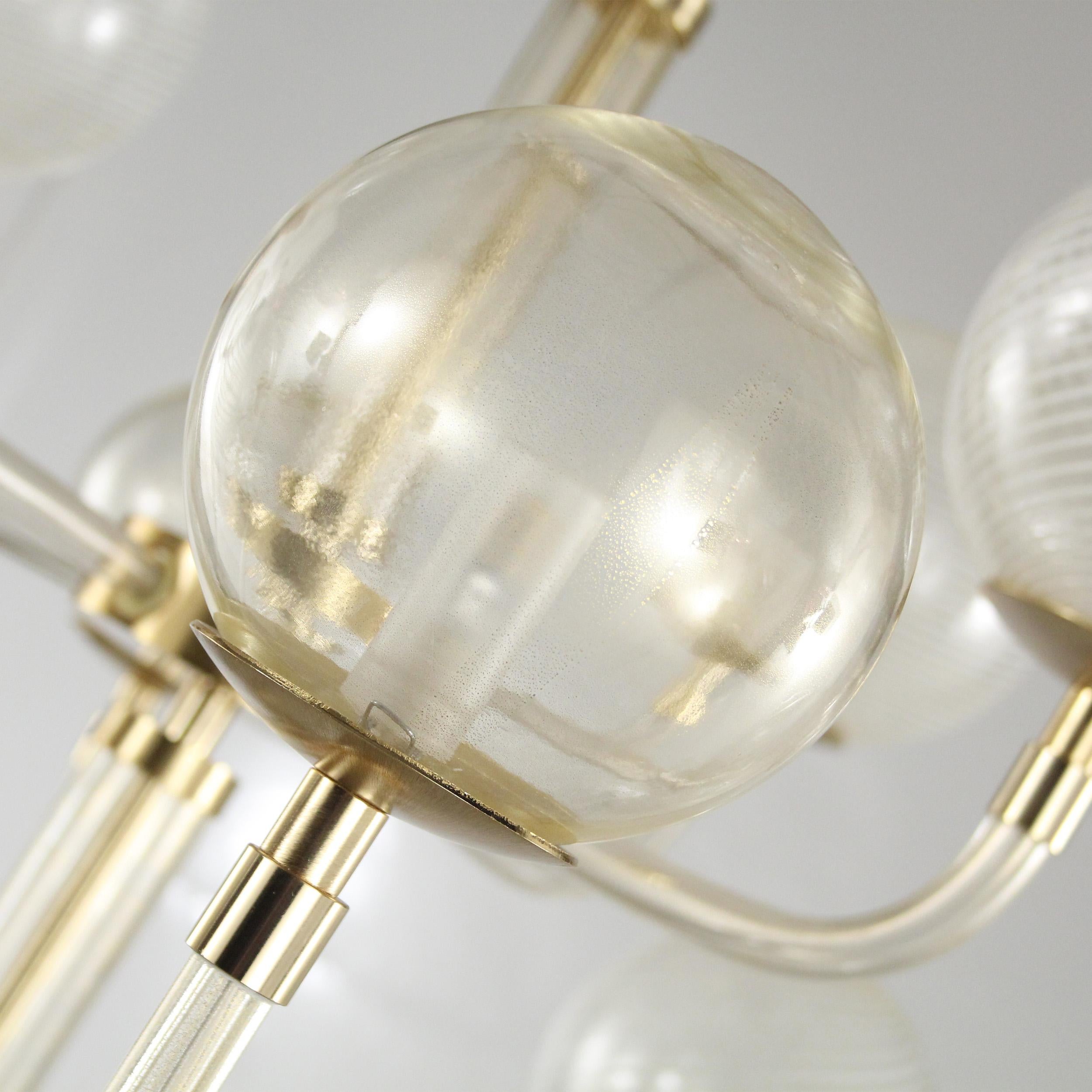 Italian Chandelier 8+4 Lights, Spheres in Gold Leaf-White Filigree B&L by Multiforme For Sale