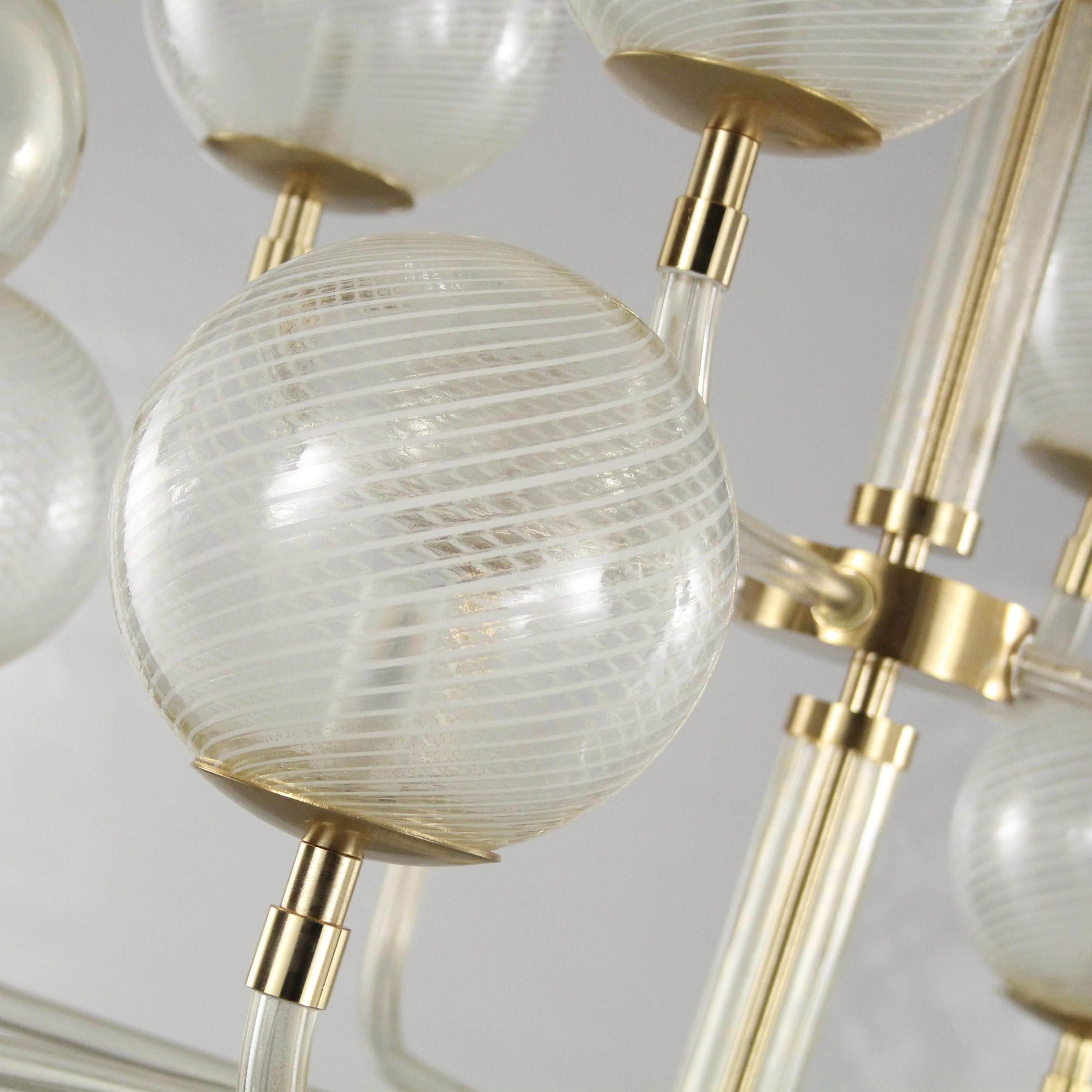 Blown Glass Chandelier 8+4 Lights, Spheres in Gold Leaf-White Filigree B&L by Multiforme For Sale