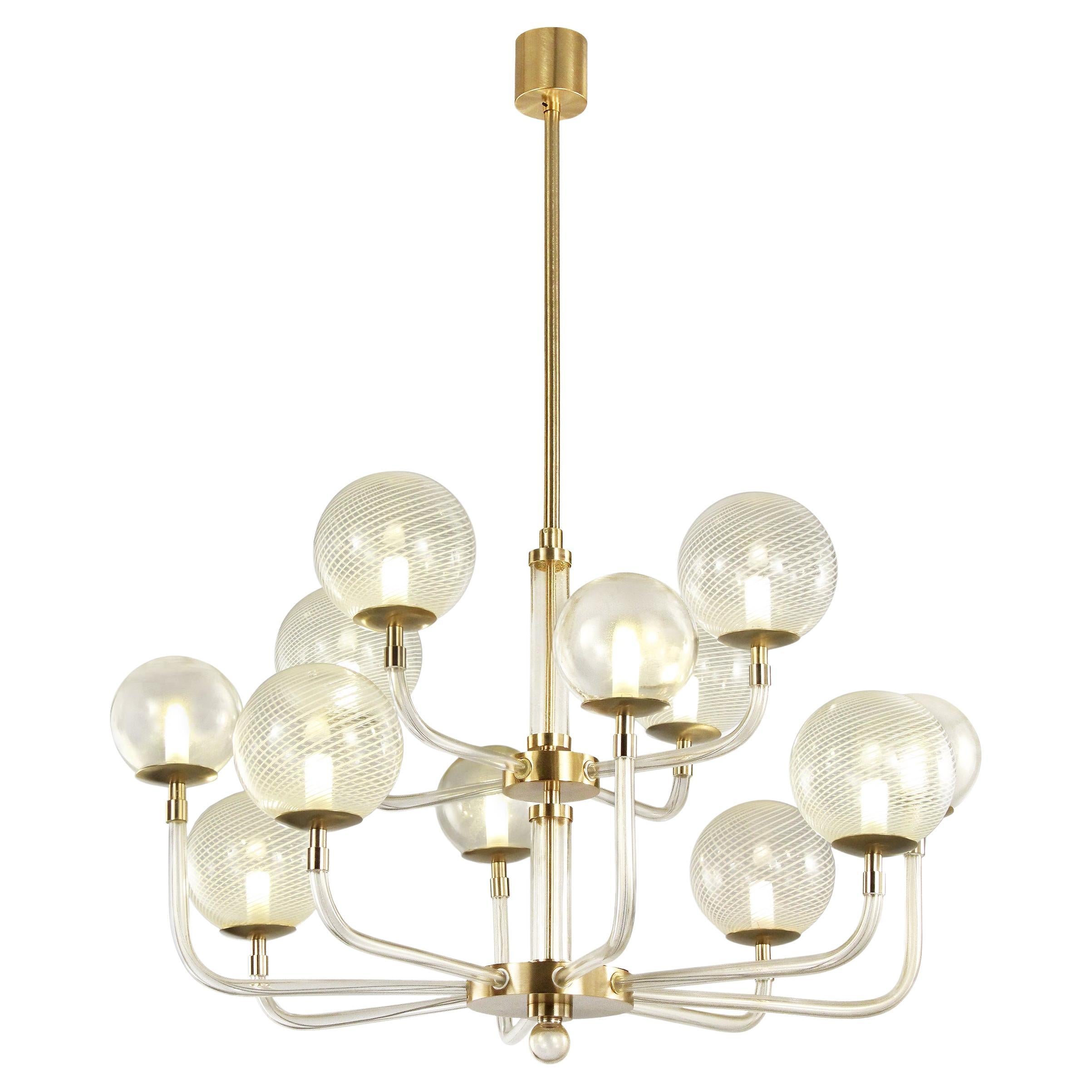 Chandelier 8+4 Lights, Spheres in Gold Leaf-White Filigree B&L by Multiforme