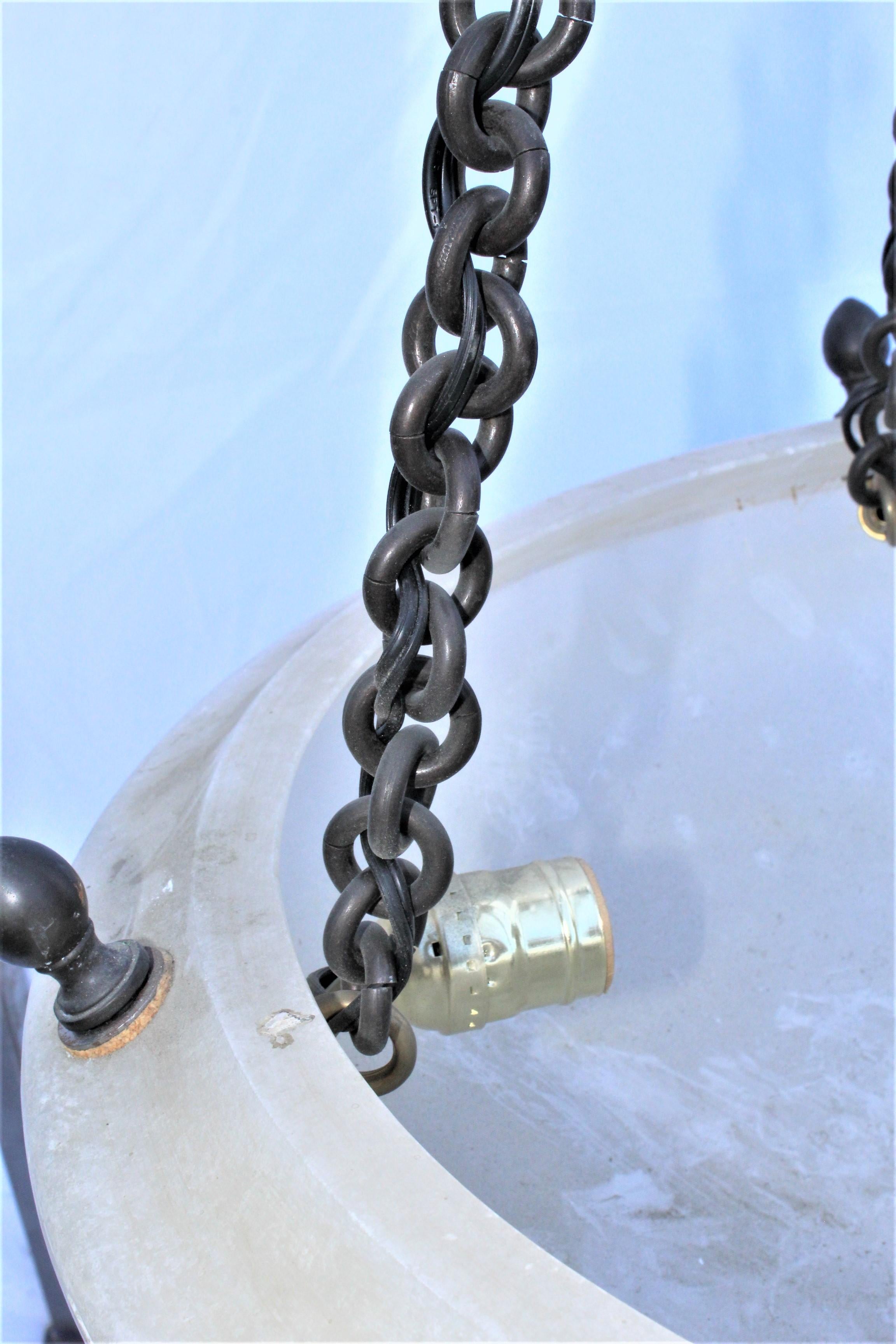 Chandelier, Alabaster Midcentury Bronze Patina Chains and Cap In Good Condition In Los Angeles, CA