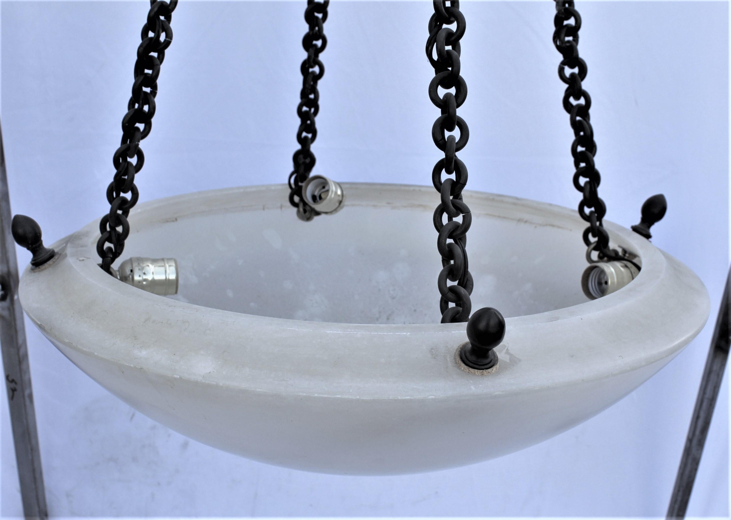 Chandelier, Alabaster Midcentury Bronze Patina Chains and Cap 1