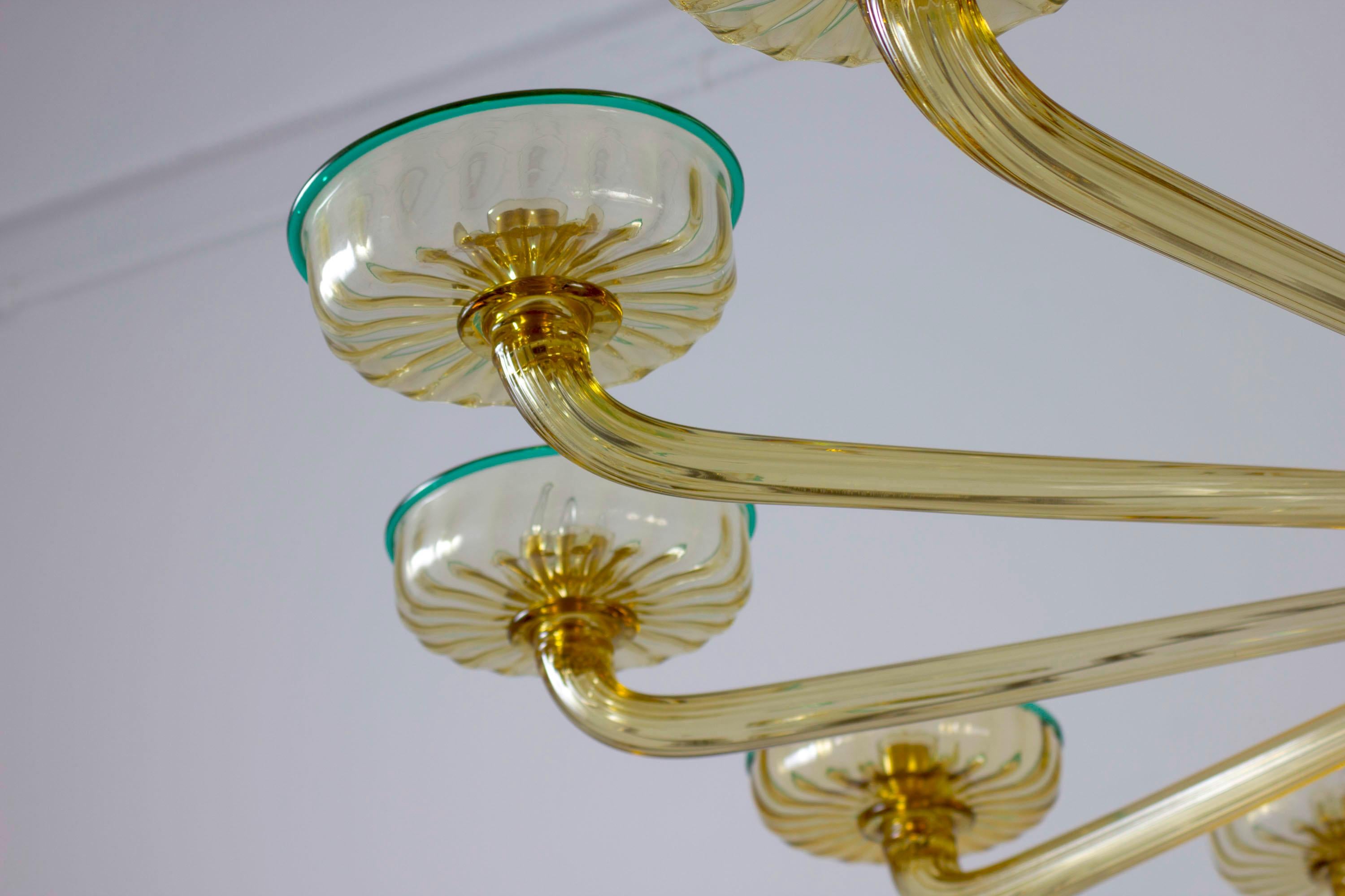Chandelier Amber and Emerald Hand Blown Glass, attributed to Venini, circa 1970s For Sale 5
