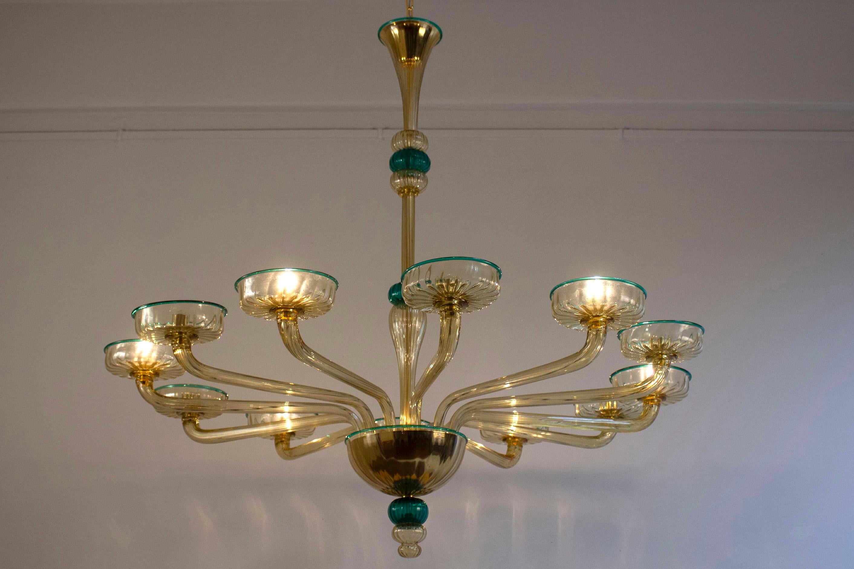 Lampadario Ambra e Smeraldo in vetro soffiato a mano, attribuito a Venini, circa anni '70 in vendita 8