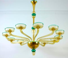 Chandelier Amber and Emerald Hand Blown Glass, attributed to Venini, circa 1970s