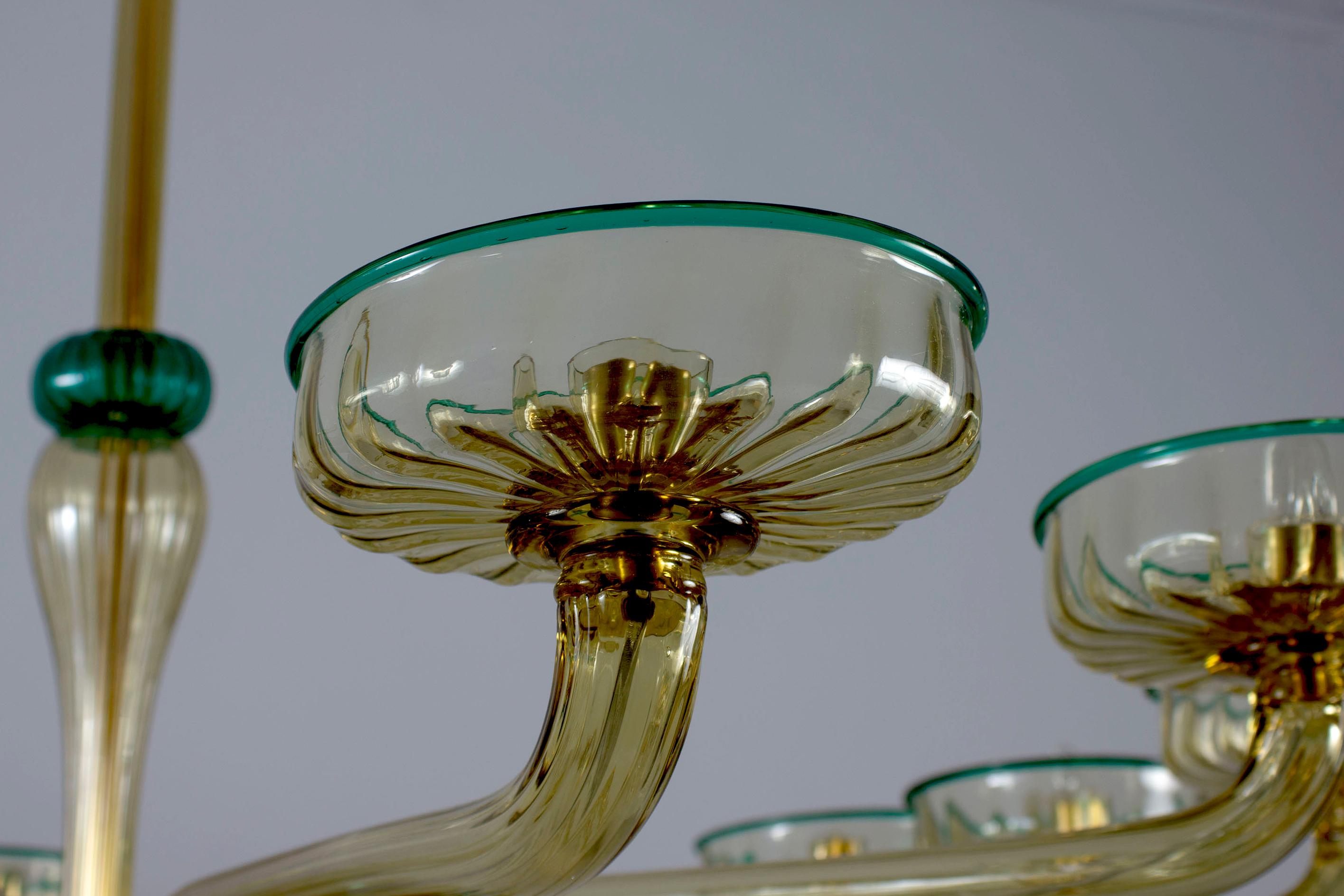 Italian Chandelier Amber and Emerald Hand Blown Glass, attributed to Venini, circa 1970s For Sale