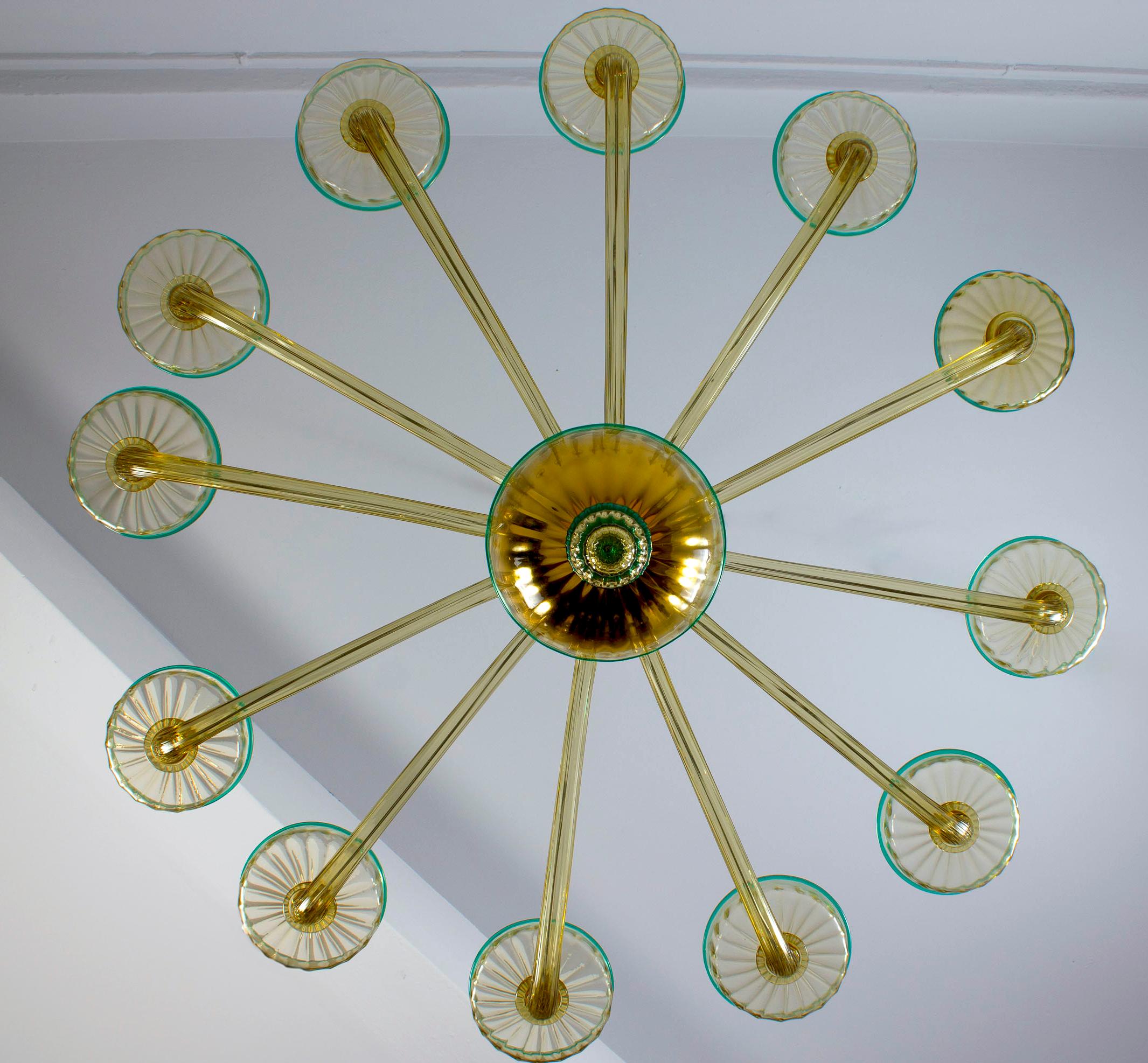 Mid-20th Century Chandelier Amber and Emerald Hand Blown Glass, attributed to Venini, circa 1970s For Sale
