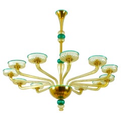 Lampadario Ambra e Smeraldo in vetro soffiato a mano, attribuito a Venini, circa anni '70