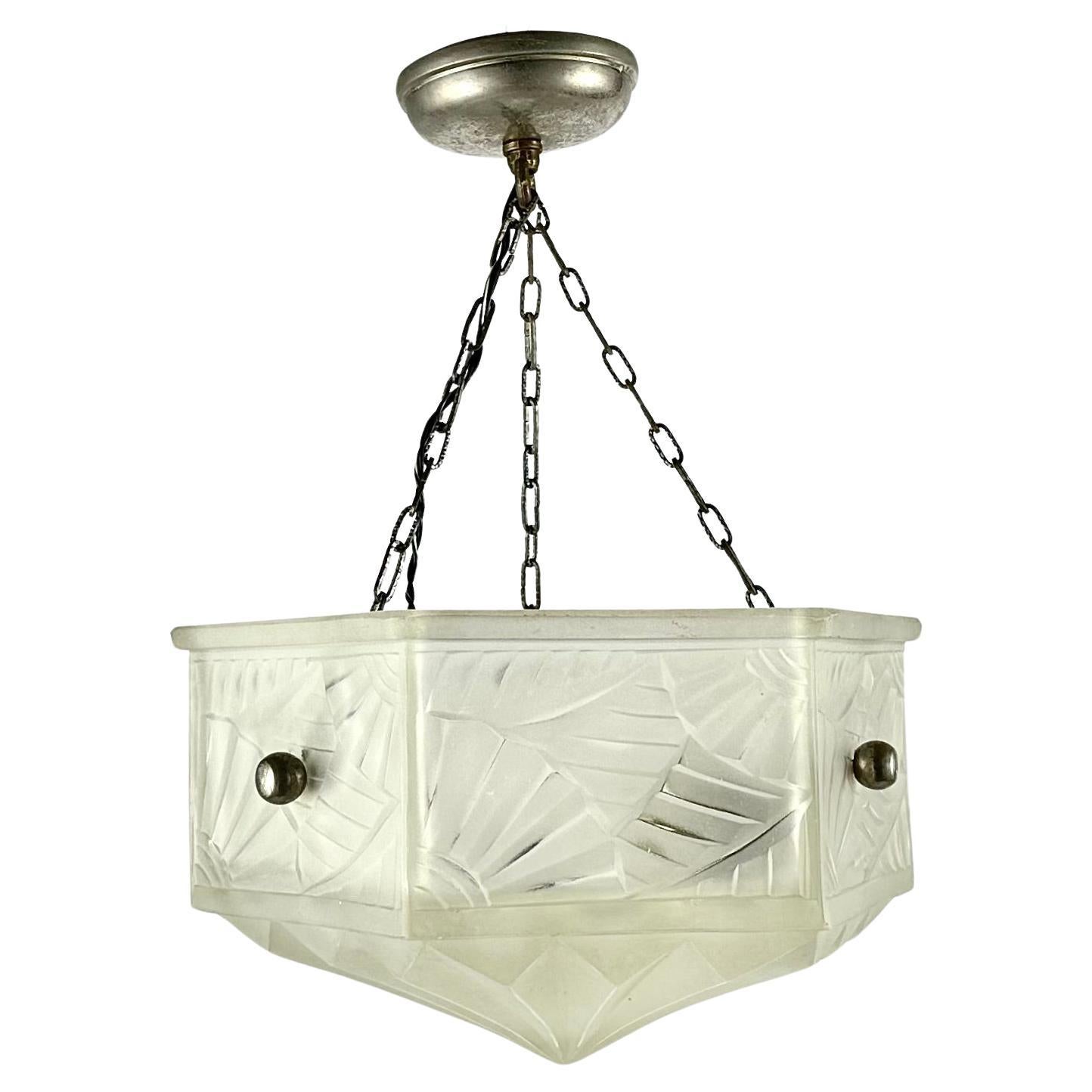 Chandelier Art Deco Brass Glass Suspension Ceiling Lamp Art Deco France 1930