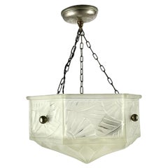 Vintage Chandelier Art Deco Brass Glass Suspension Ceiling Lamp Art Deco France 1930