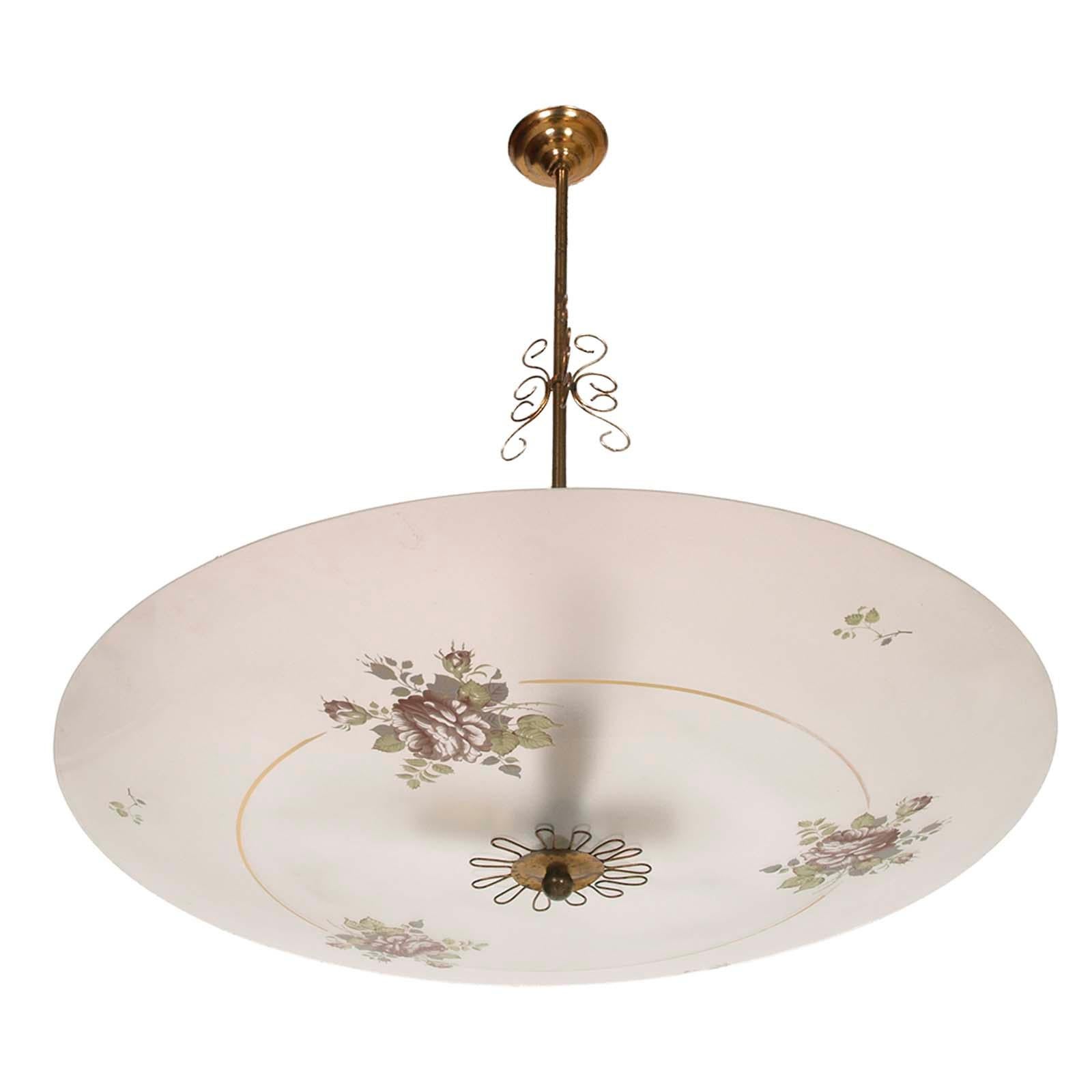 Refined three-light chandelier in Venetian Art Deco style, with pastel green Murano opal glass plate, with polychrome painted decorations and pure gold thread. The metal part is all in golden brass. Electrical system restored and