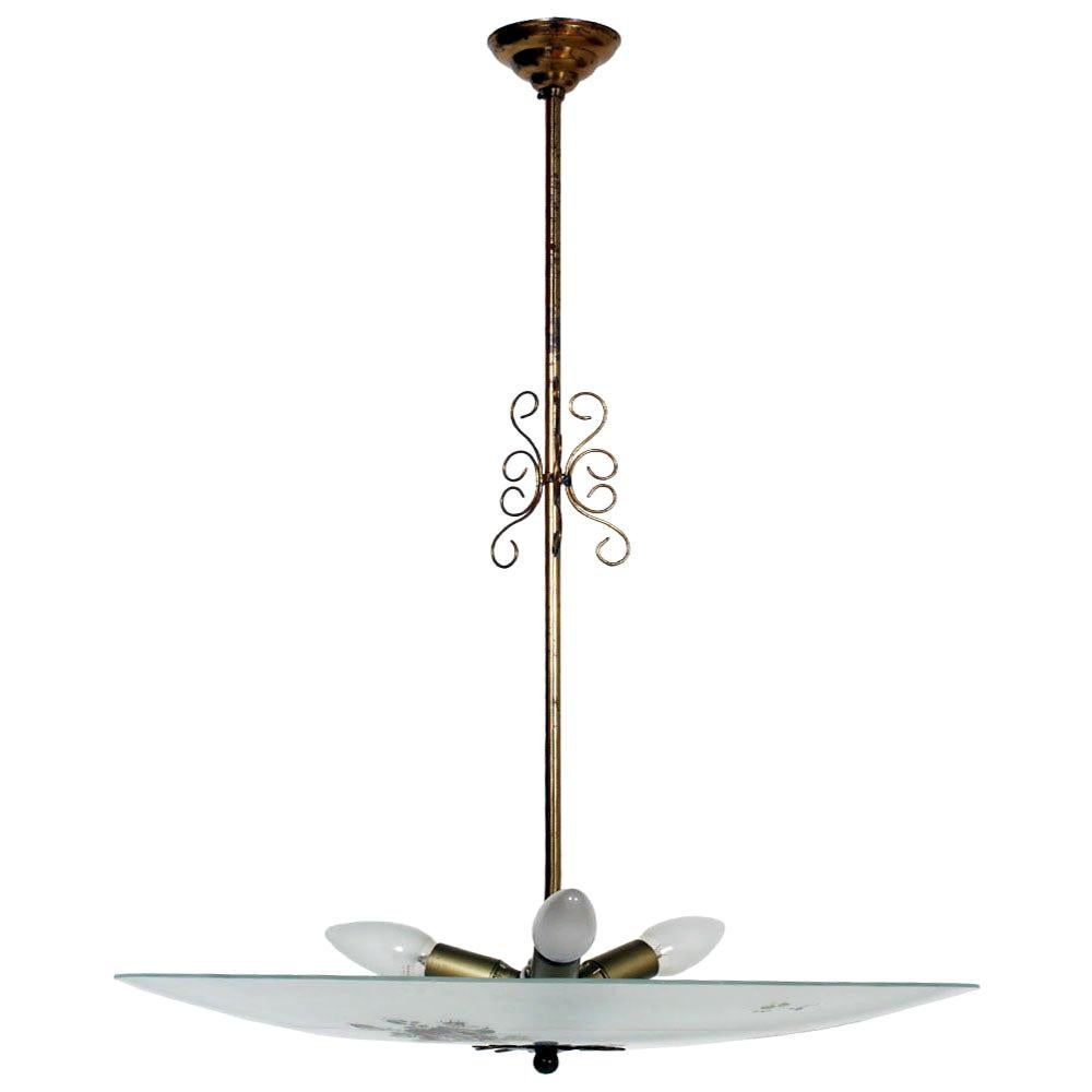 Chandelier Art Deco Venetian Murano Glass Decorated Pendant Lamp Gilt Brass For Sale