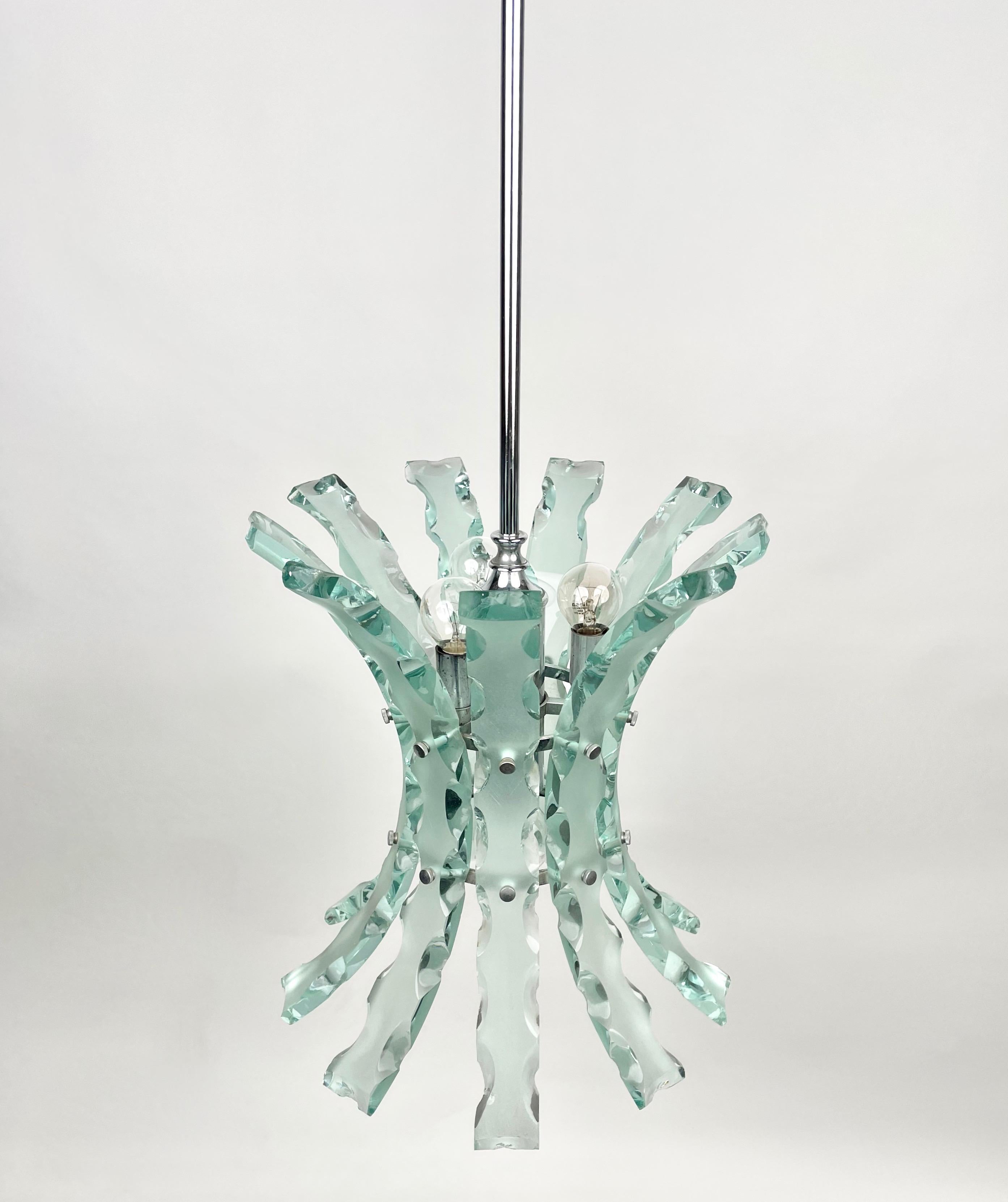 Mid-Century Modern Chandelier Art Glass & Steel by 04 Zero Quattro for Fontana Arte, Italy, 1970s For Sale