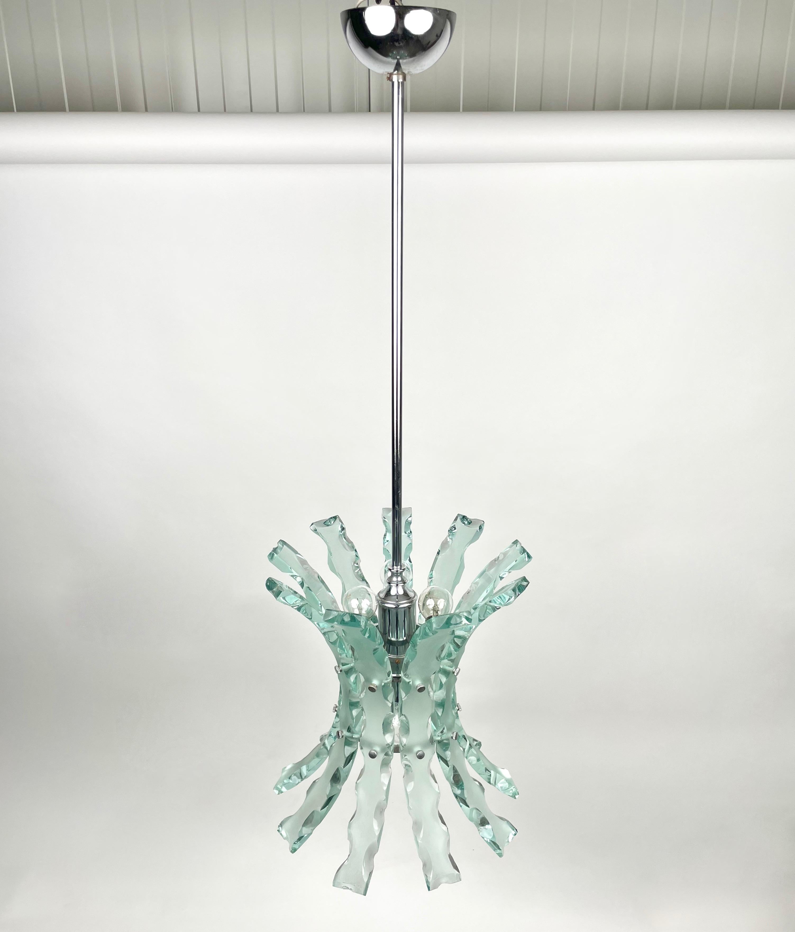 Italian Chandelier Art Glass & Steel by 04 Zero Quattro for Fontana Arte, Italy, 1970s For Sale