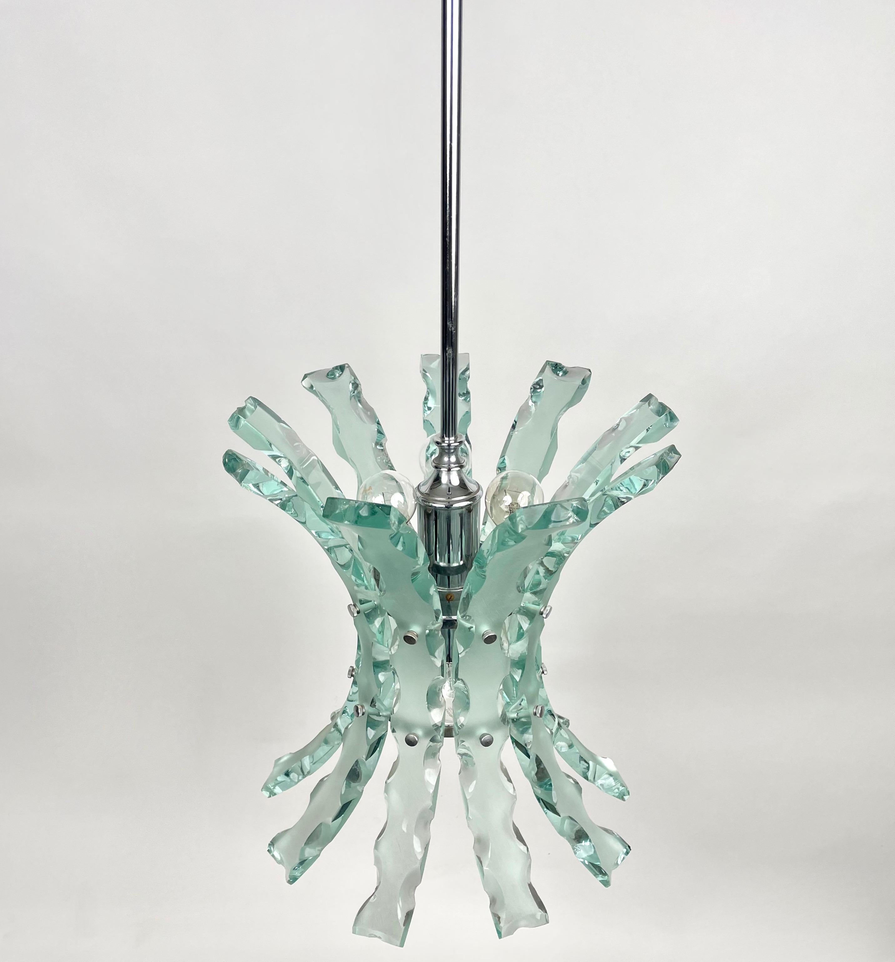Chandelier Art Glass & Steel by 04 Zero Quattro for Fontana Arte, Italy, 1970s In Good Condition For Sale In Rome, IT