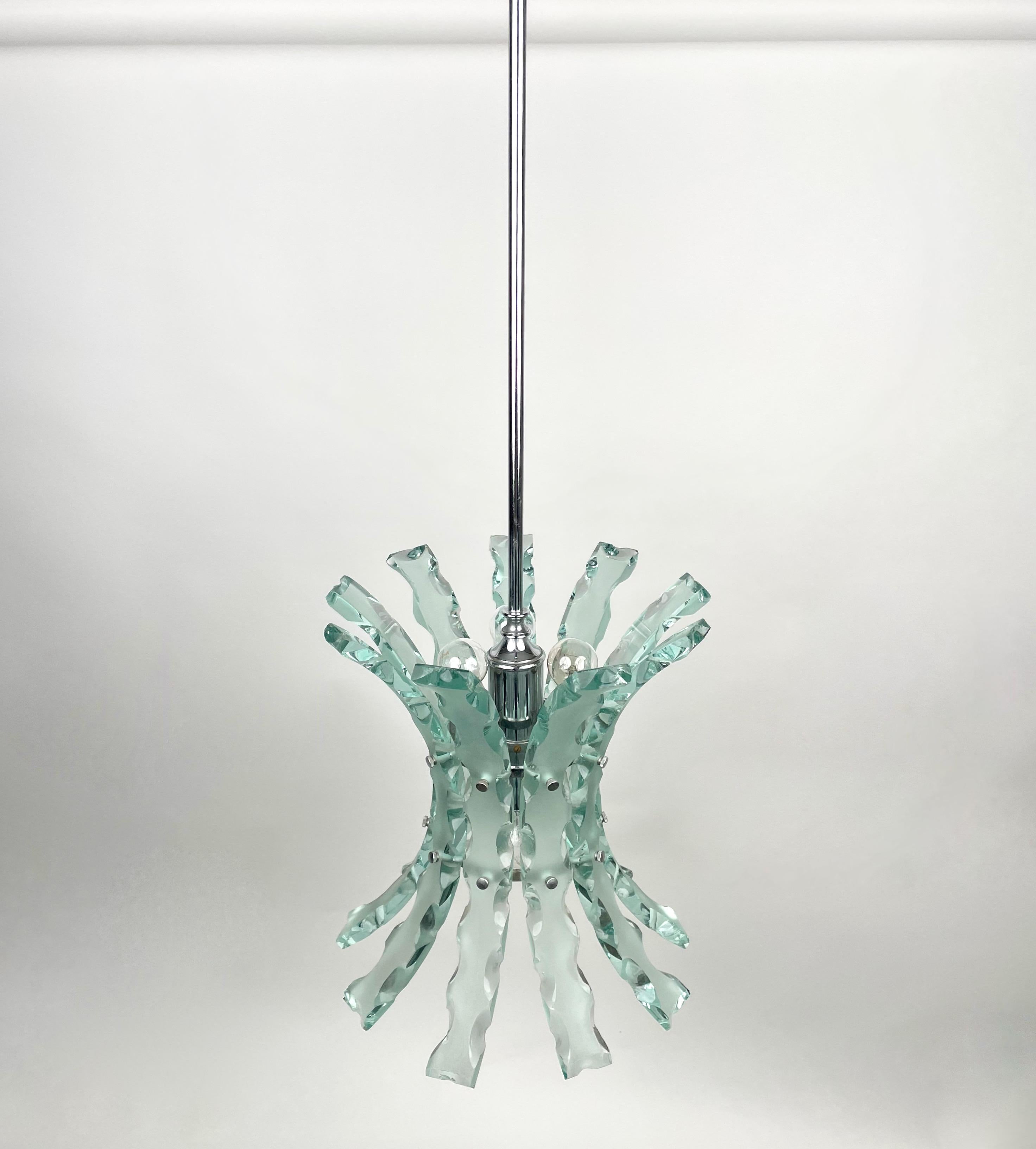 Late 20th Century Chandelier Art Glass & Steel by 04 Zero Quattro for Fontana Arte, Italy, 1970s For Sale
