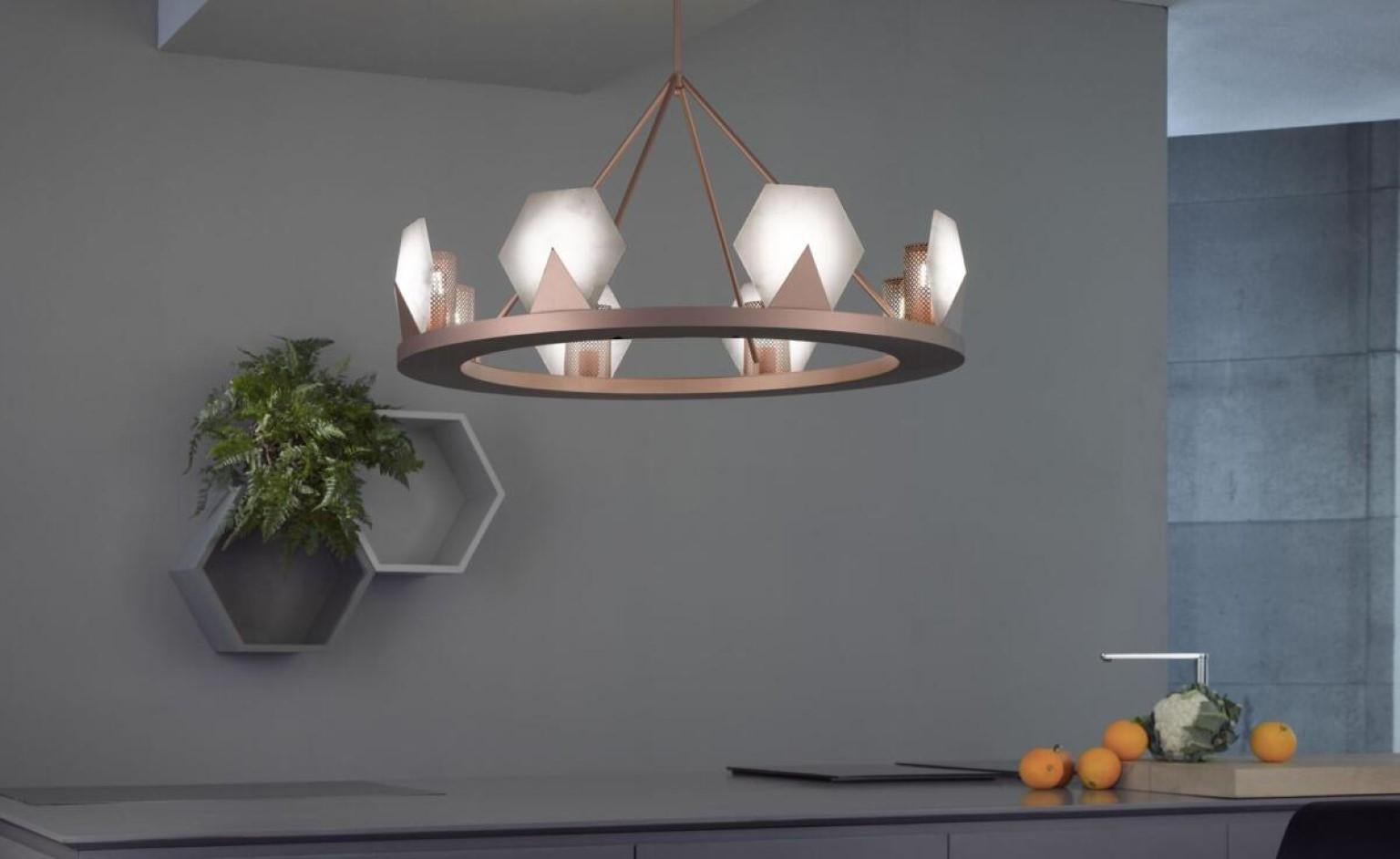 Chandelier Artemide by Alabastro Italiano
Dimensions: D 115 x H 94 cm
Materials: Italian white alabaster, Italian iron, copper 
Other finishes available. 
Light Source 8 x E27 LED 11 Watt, Tot. 8400 Lumen, 3000 k, 220 V

All our lamps can be