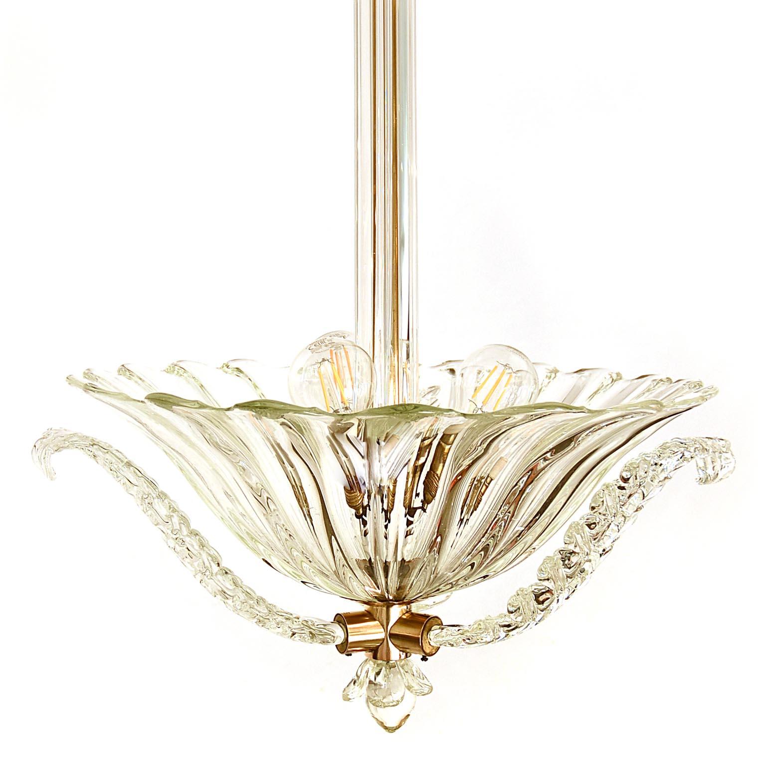 Italian Chandelier Attributed Luigi Brusotti, 1945, Italy, Glass, Brass Mid-Century For Sale
