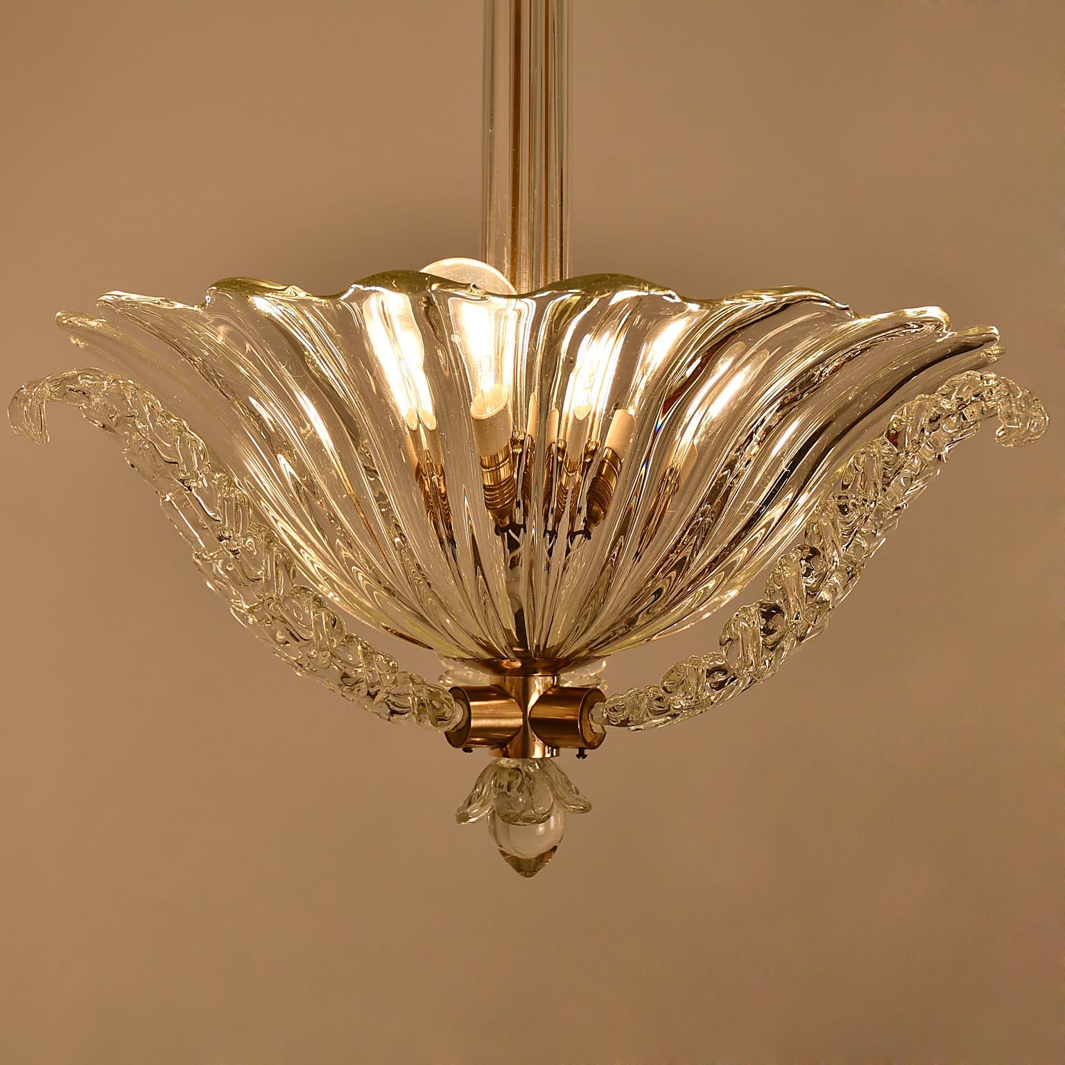 Chandelier Attributed Luigi Brusotti, 1945, Italy, Glass, Brass Mid-Century For Sale 4