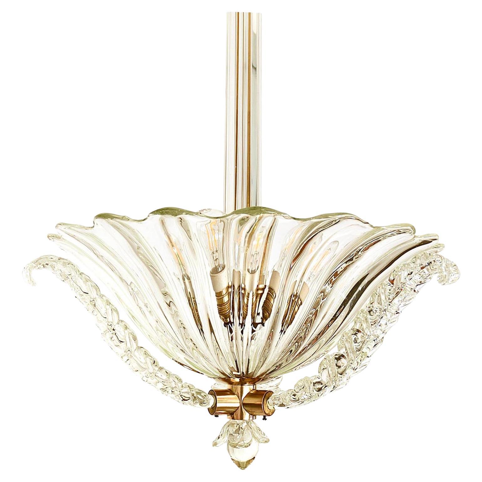 Chandelier Attributed Luigi Brusotti, 1945, Italy, Glass, Brass Mid-Century For Sale