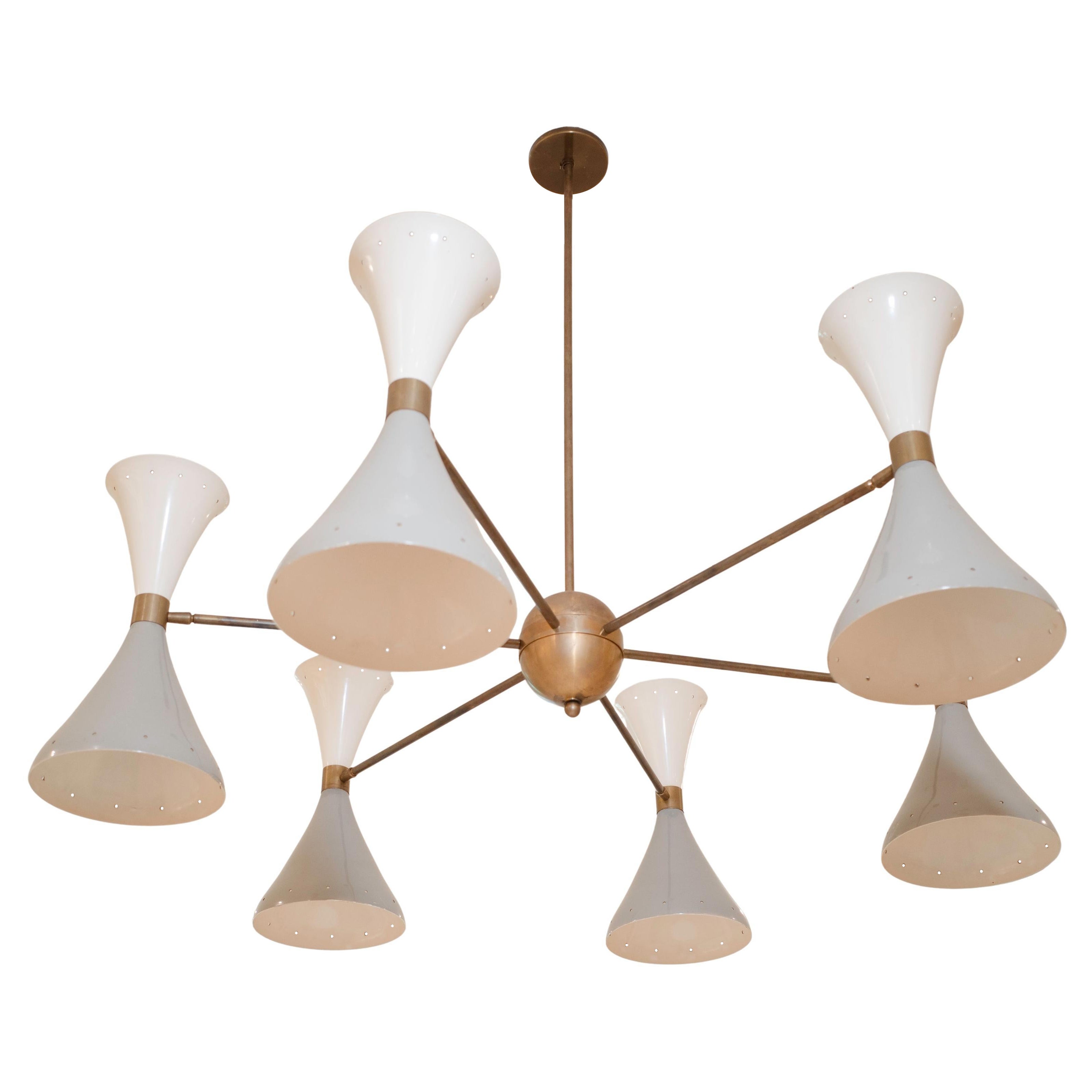 Chandelier attributed to Stilnovo, Brass & Enamel, Mid-Century Italy