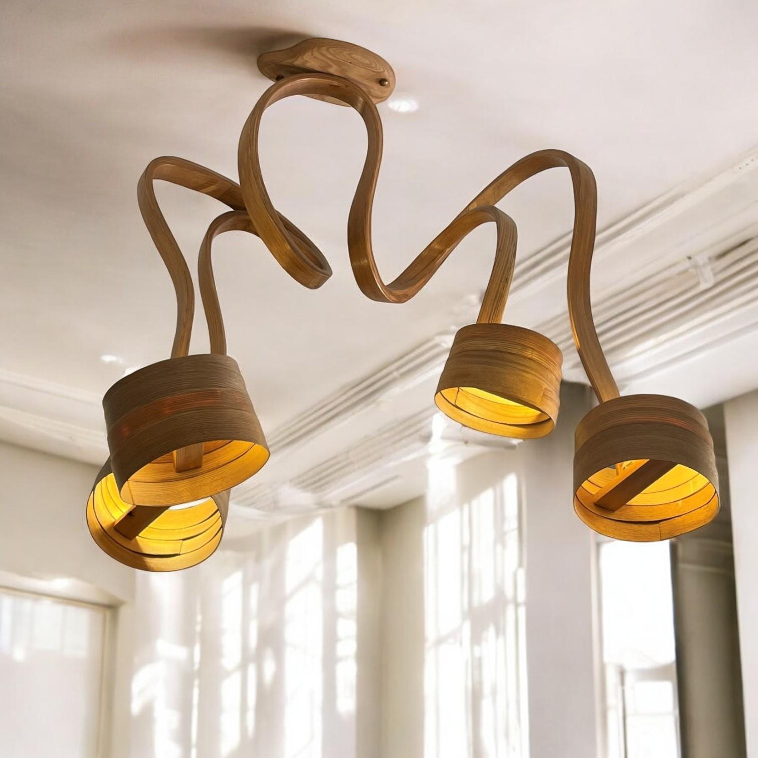 Modern Chandelier, wooden chandelier, lighting piece, Bent Wood Design by Raka Studio For Sale