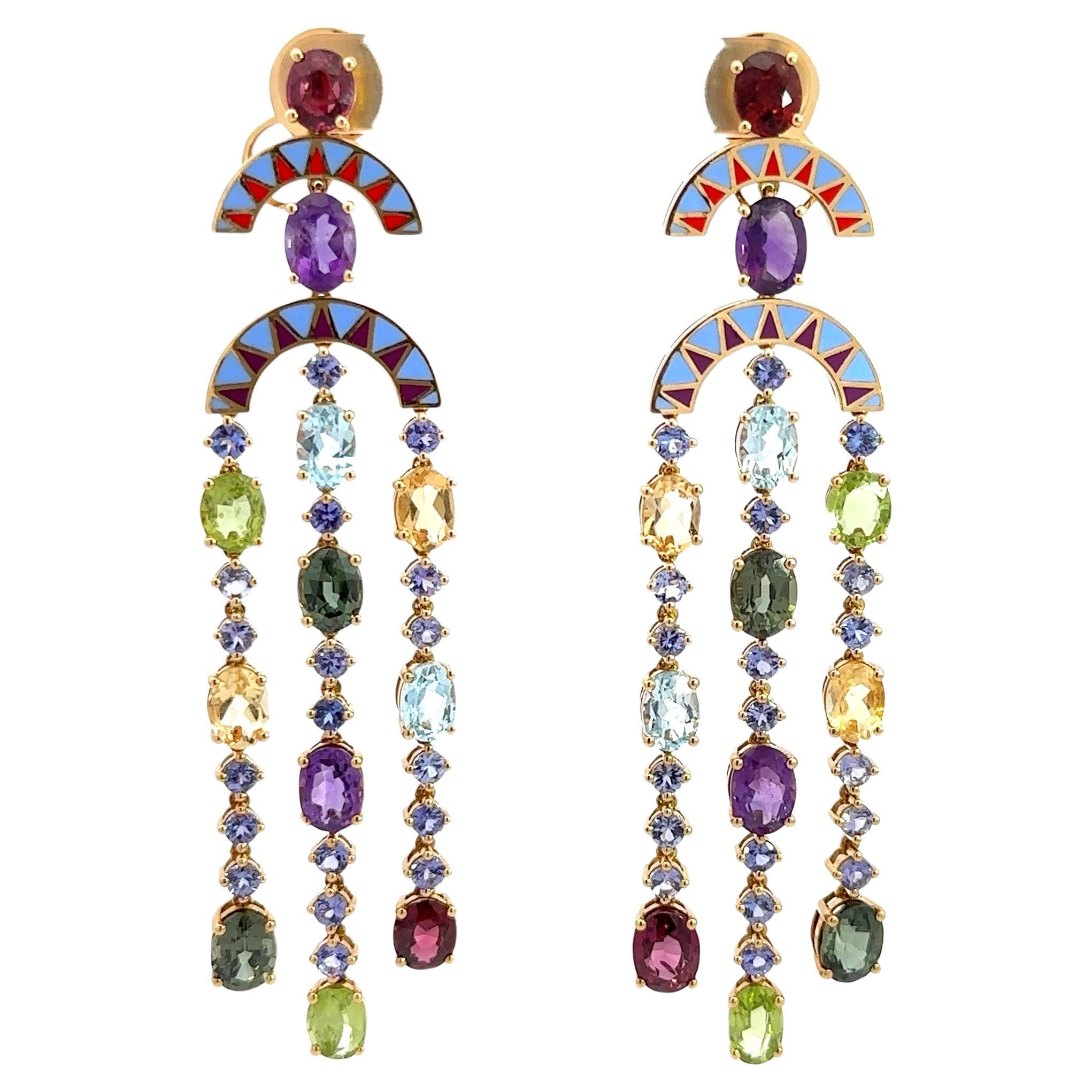Chandelier Beryl Amethyst Topaz Granet Yellow 18K Gold Earrings For Her For Sale