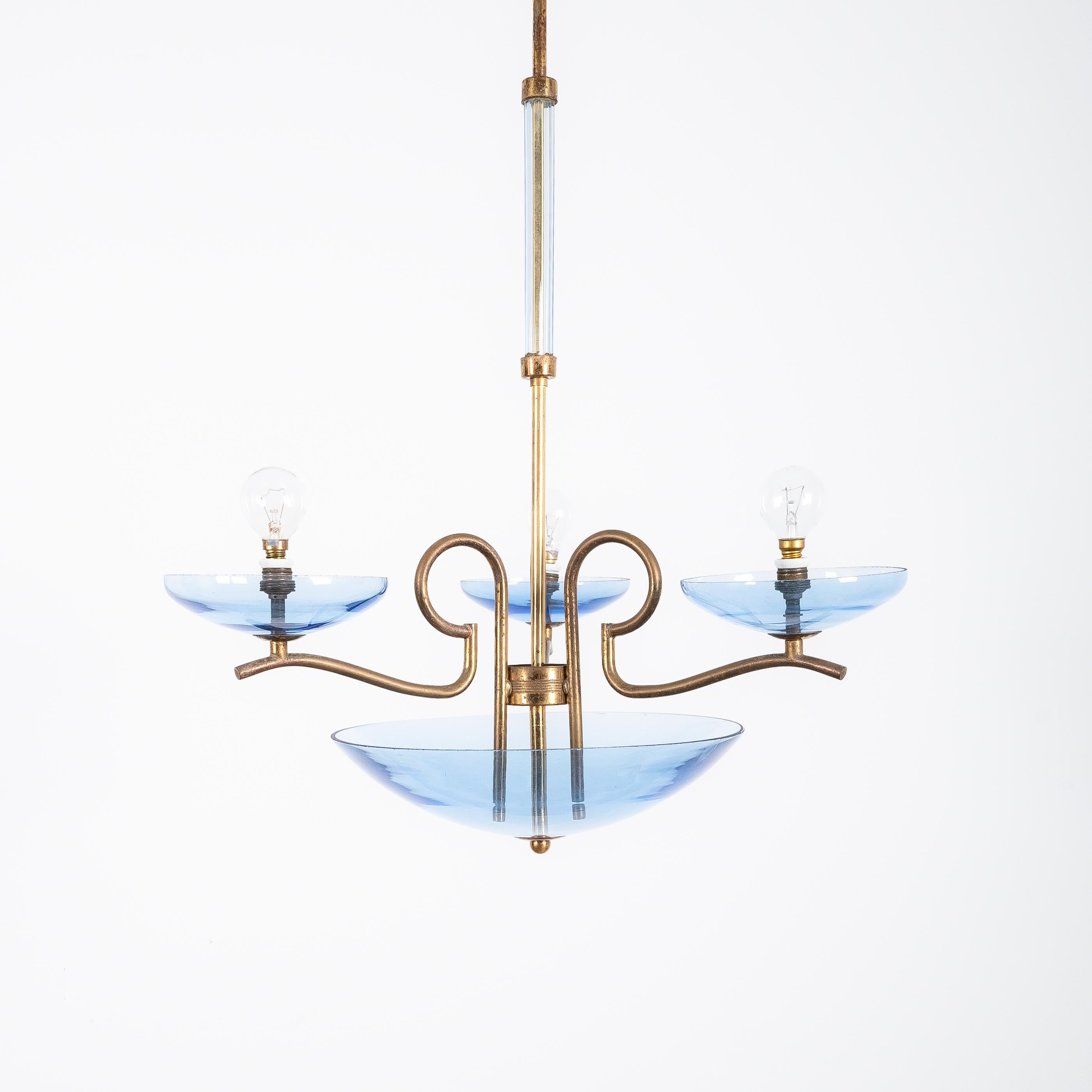 Mid-Century Modern Chandelier Blue Glass Brass, Italy, 1950 For Sale