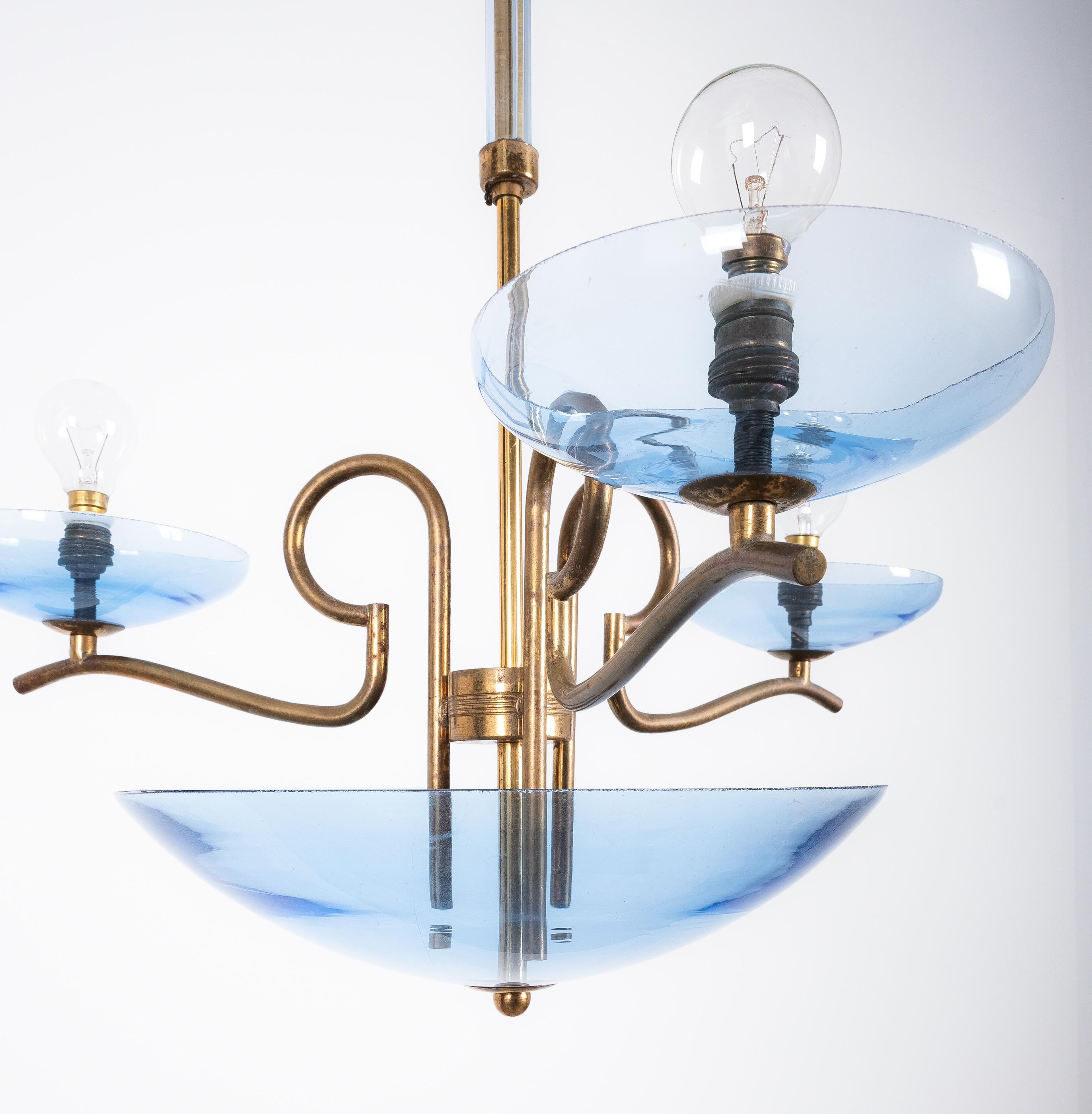 Chandelier Blue Glass Brass, Italy, 1950 In Good Condition For Sale In Vienna, AT
