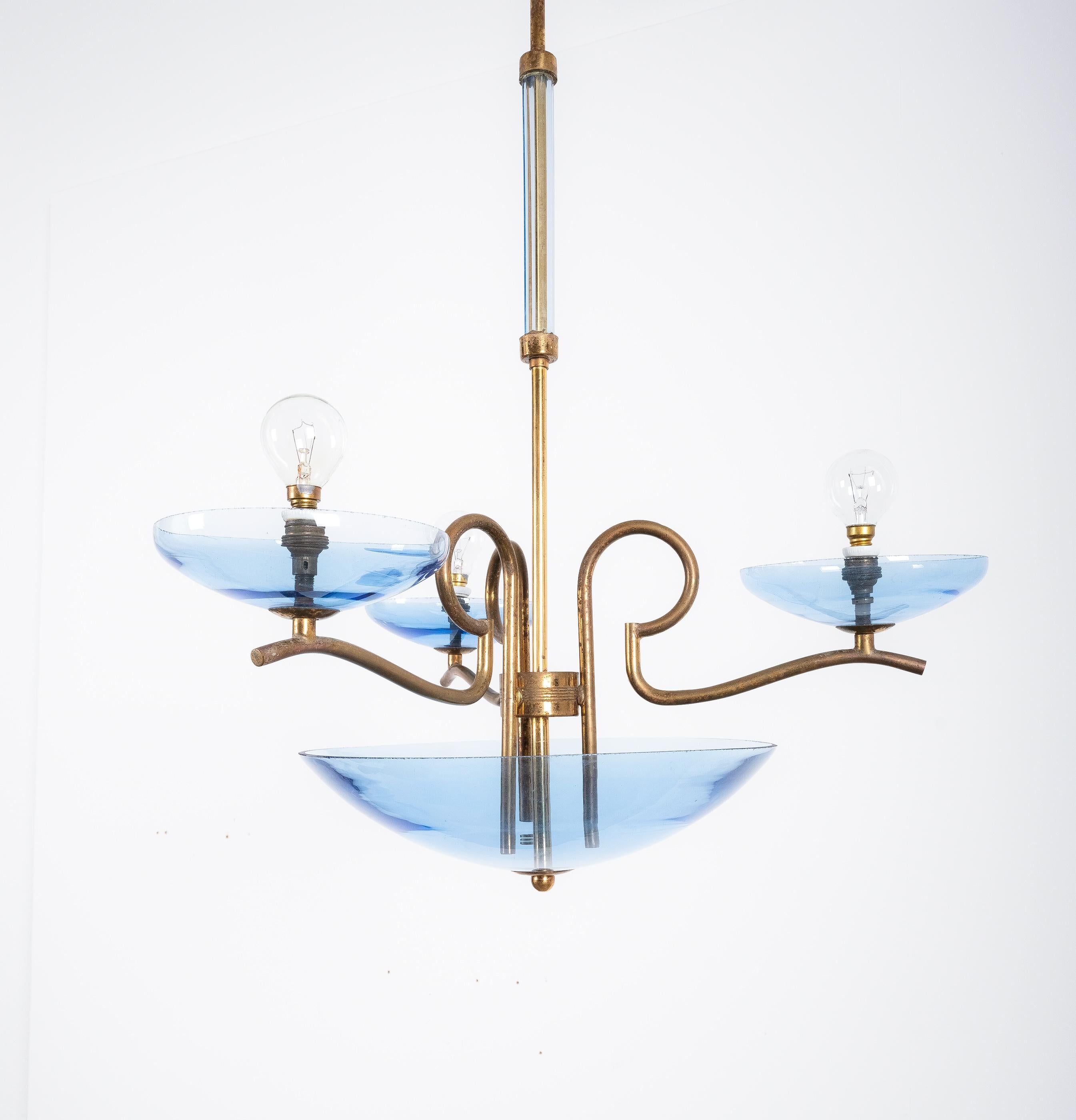 Chandelier Blue Glass Brass, Italy, 1950 For Sale 1