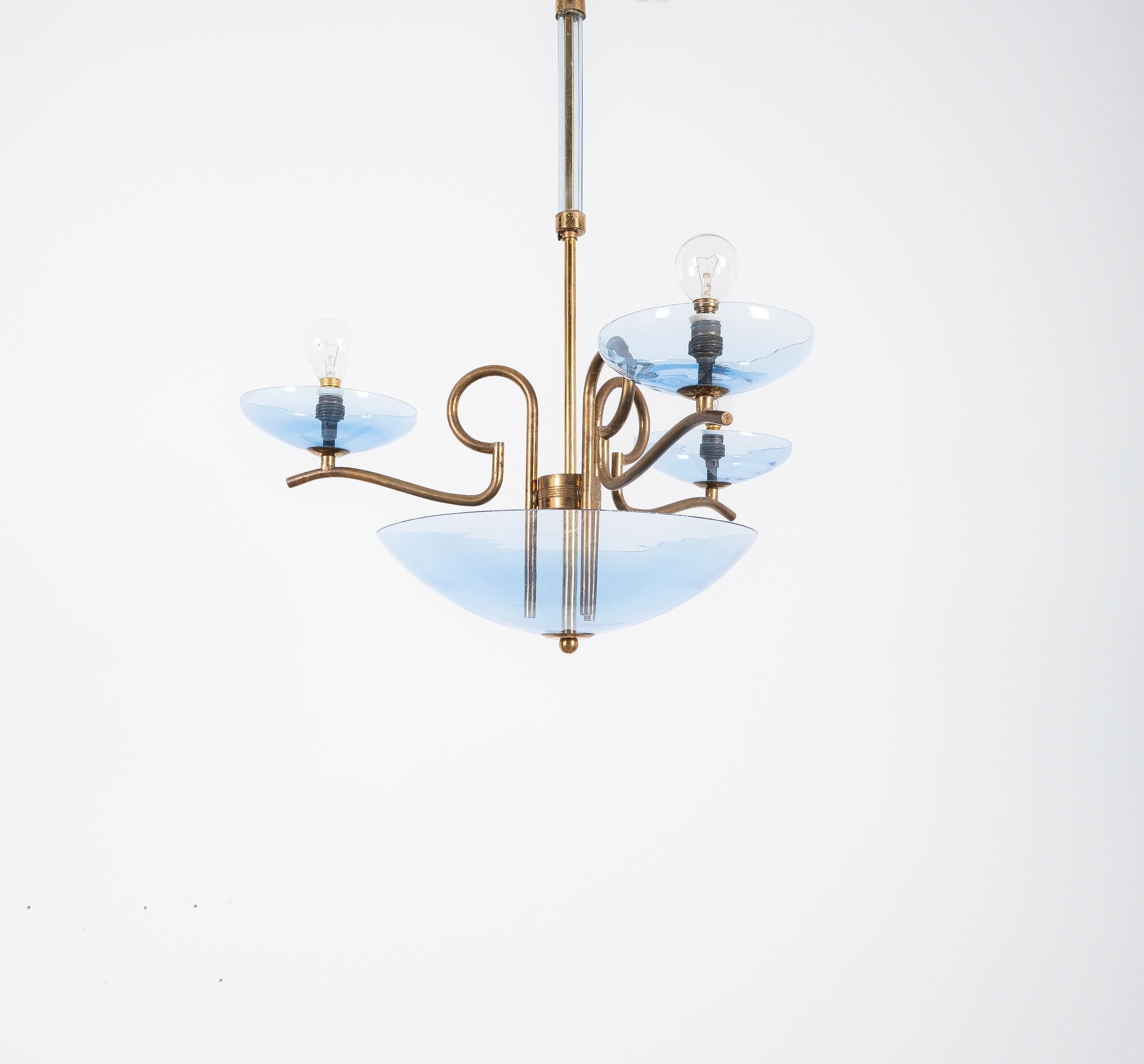 Chandelier Blue Glass Brass, Italy, 1950 For Sale 2