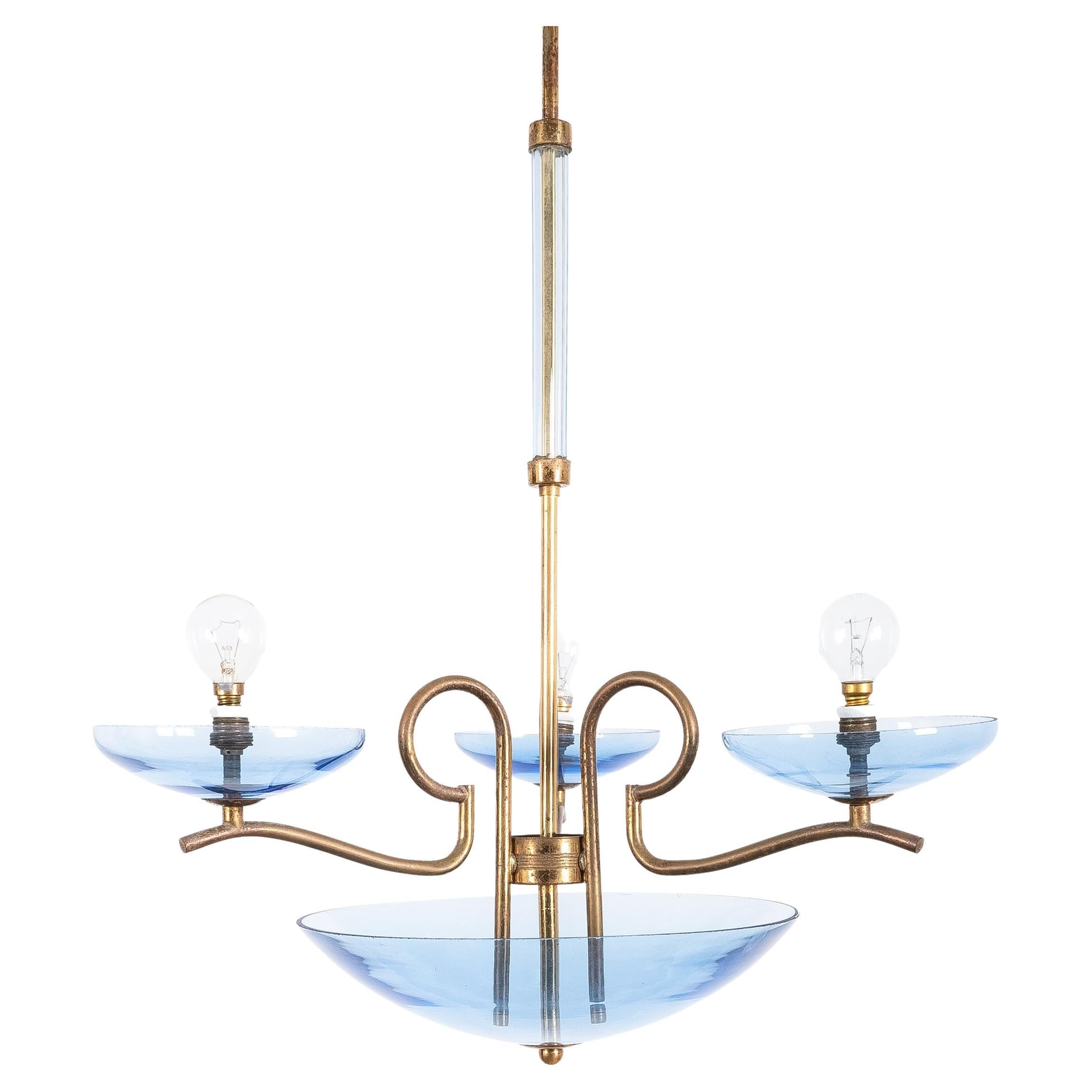 Chandelier Blue Glass Brass, Italy, 1950 For Sale