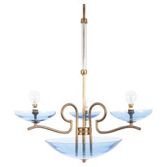 Vintage Chandelier Blue Glass Brass, Italy, 1950