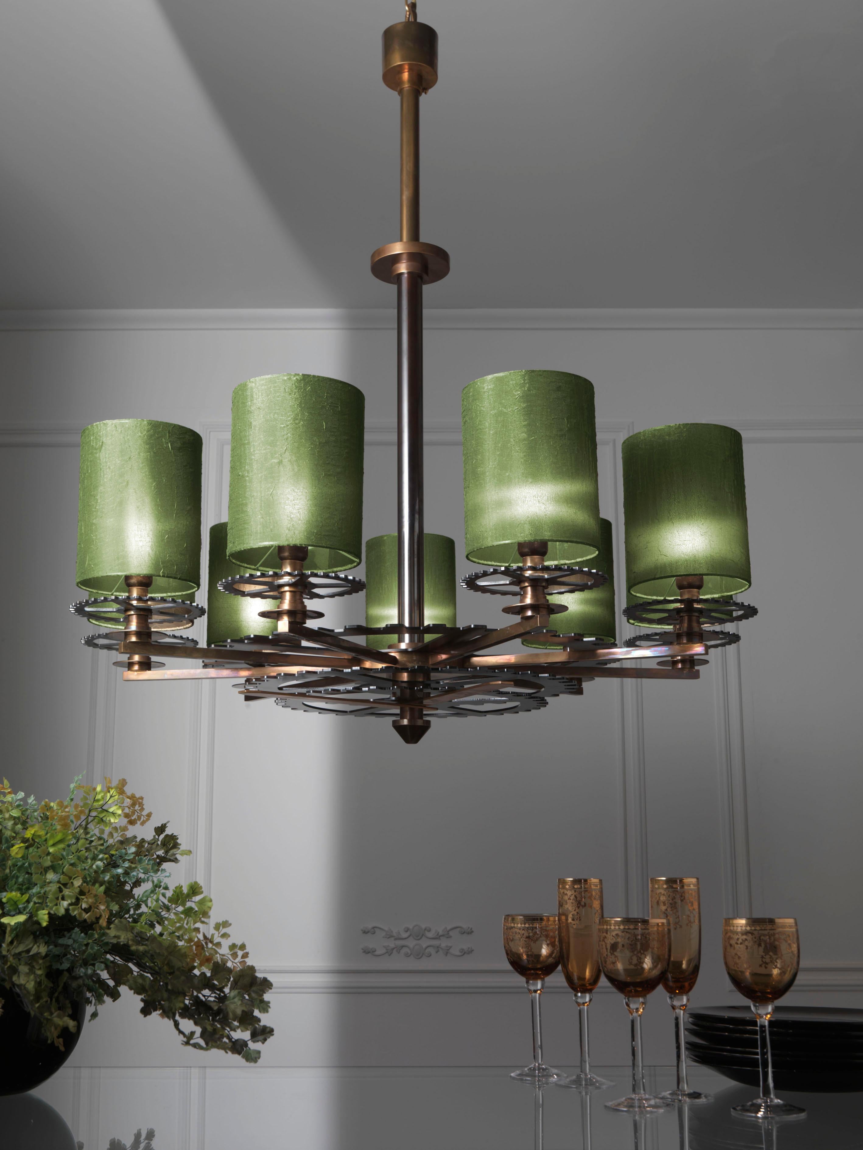 Modern Chandelier Brass Burnished Green Italy  For Sale