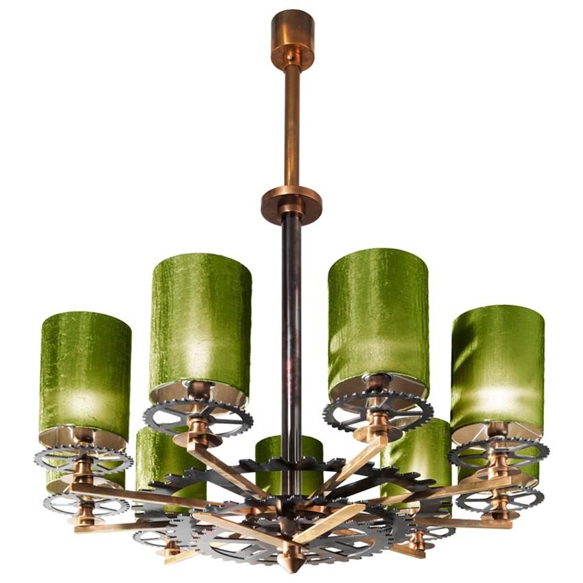 Chandelier Brass Burnished Green Italy  For Sale