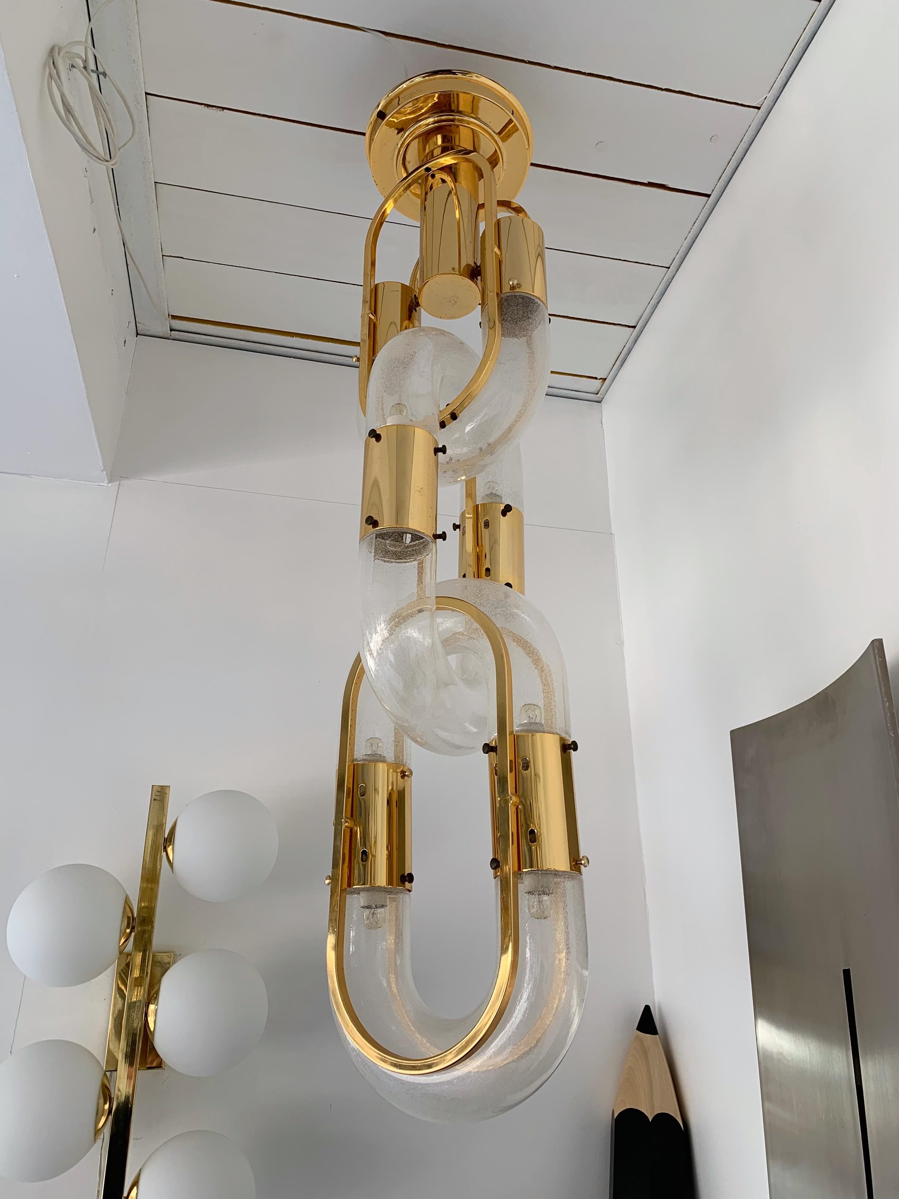 Space Age Chandelier Brass Chain Murano Glass by Aldo Nason for Mazzega, Italy, 1970s