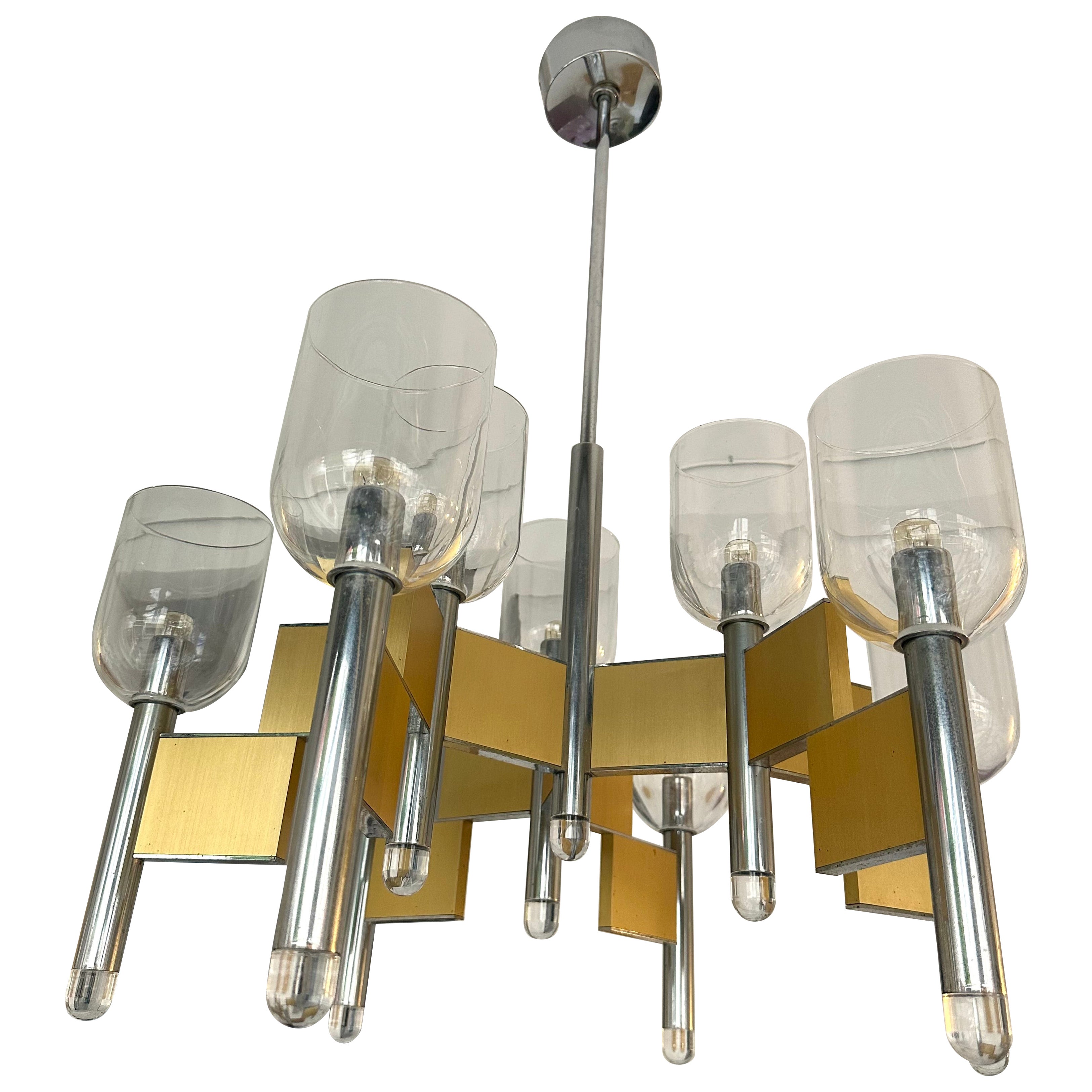 Chandelier Brass Chrome and Murano Glass by Sciolari, Italy, 1970s