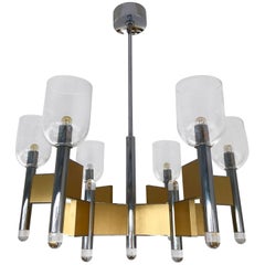 Chandelier Brass Chrome Glass by Sciolari. Italy, 1970s