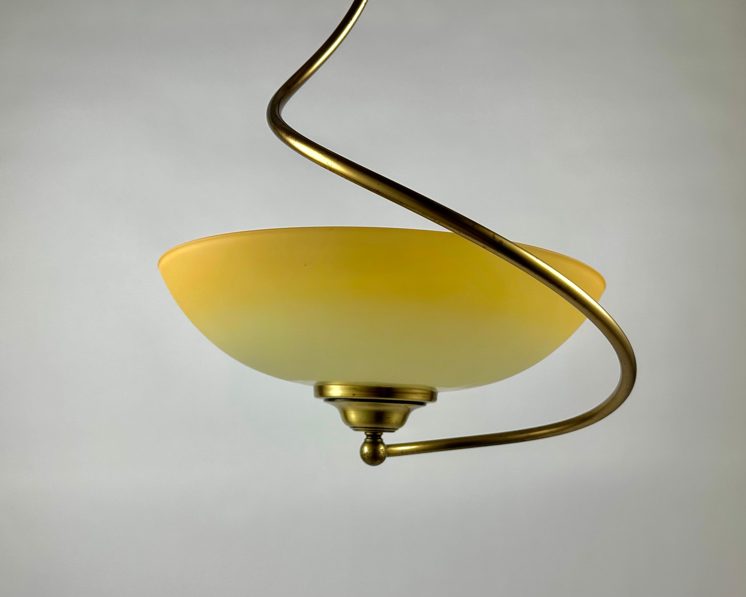 Art Deco Chandelier Brass Glass Vintage Ceiling Lamp Pendant Créations Val de Loire For Sale