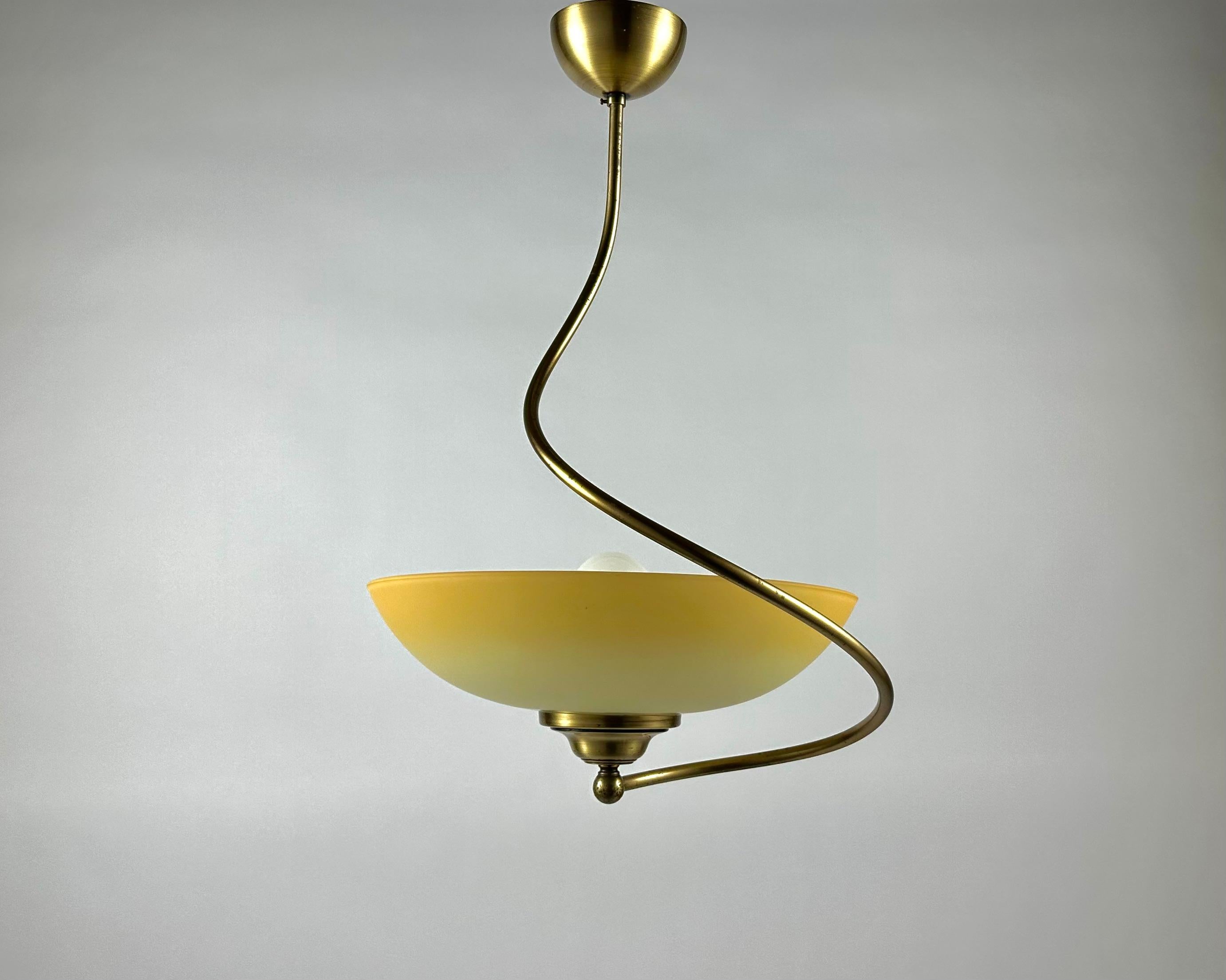 Chandelier Brass Glass Vintage Ceiling Lamp Pendant Créations Val de Loire In Good Condition For Sale In Bastogne, BE