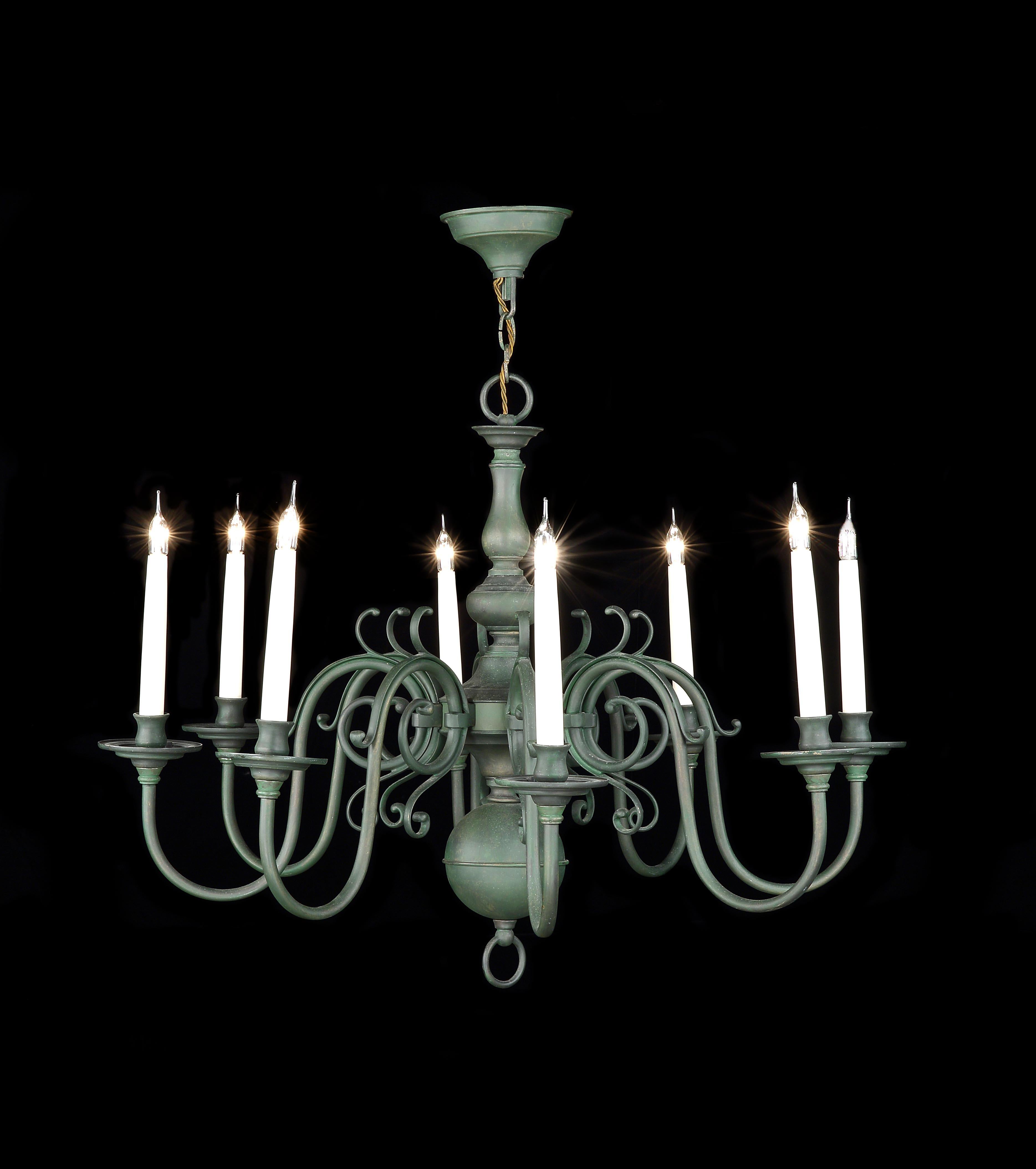 A 19th century green painted 8-arm Dutch brass chandelier electrified with French candles

- Unusually painted green which softens the aesthetic
- Recently electrified with French candles
- Unusually retaining original ceiling plate

Original