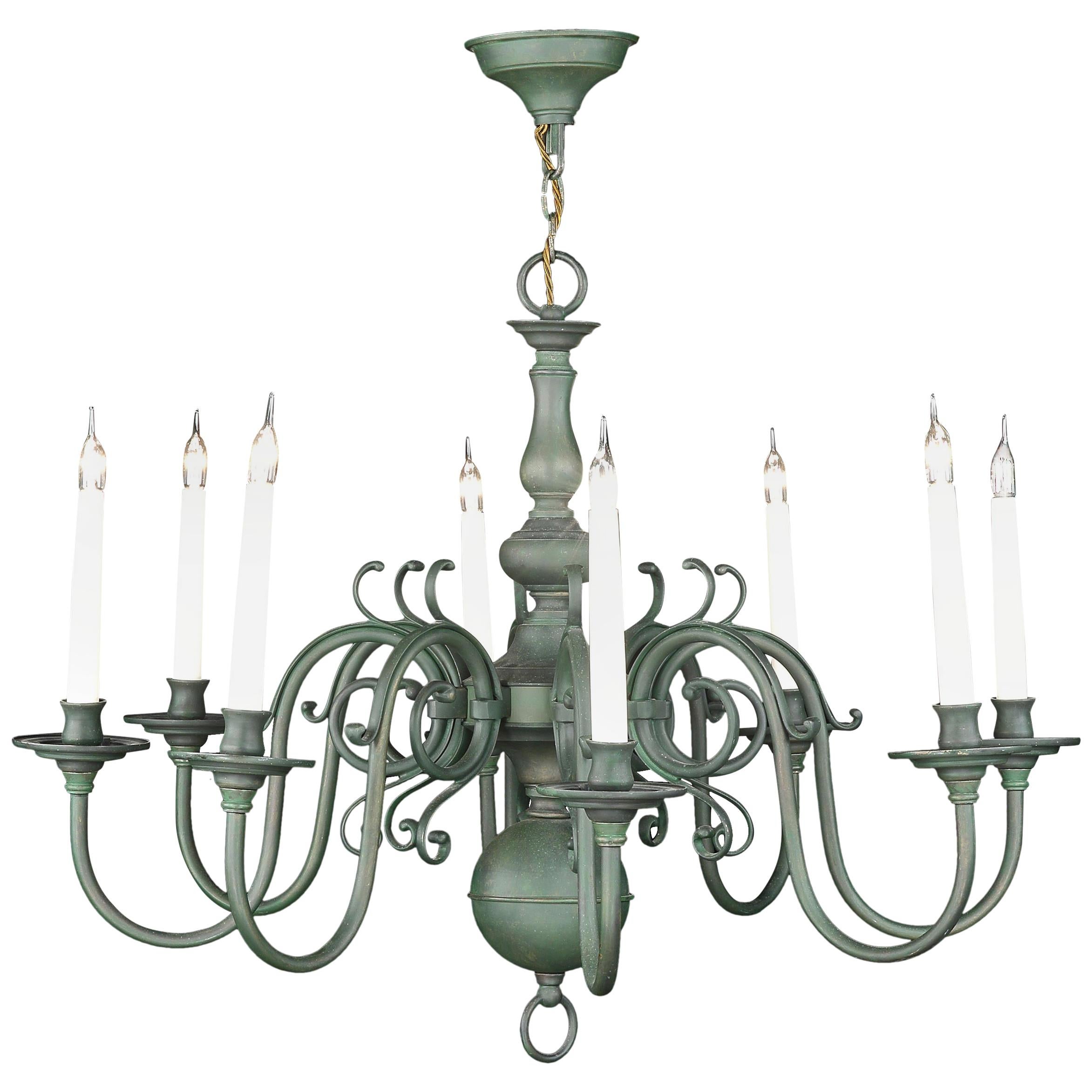 Chandelier Brass Painted Green 8-Arm Electrified Candle Lamp Baroque Dutch