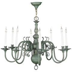 Lustre à 8 bras en laiton peint en vert, lampe à bougie électrifiée baroque hollandaise