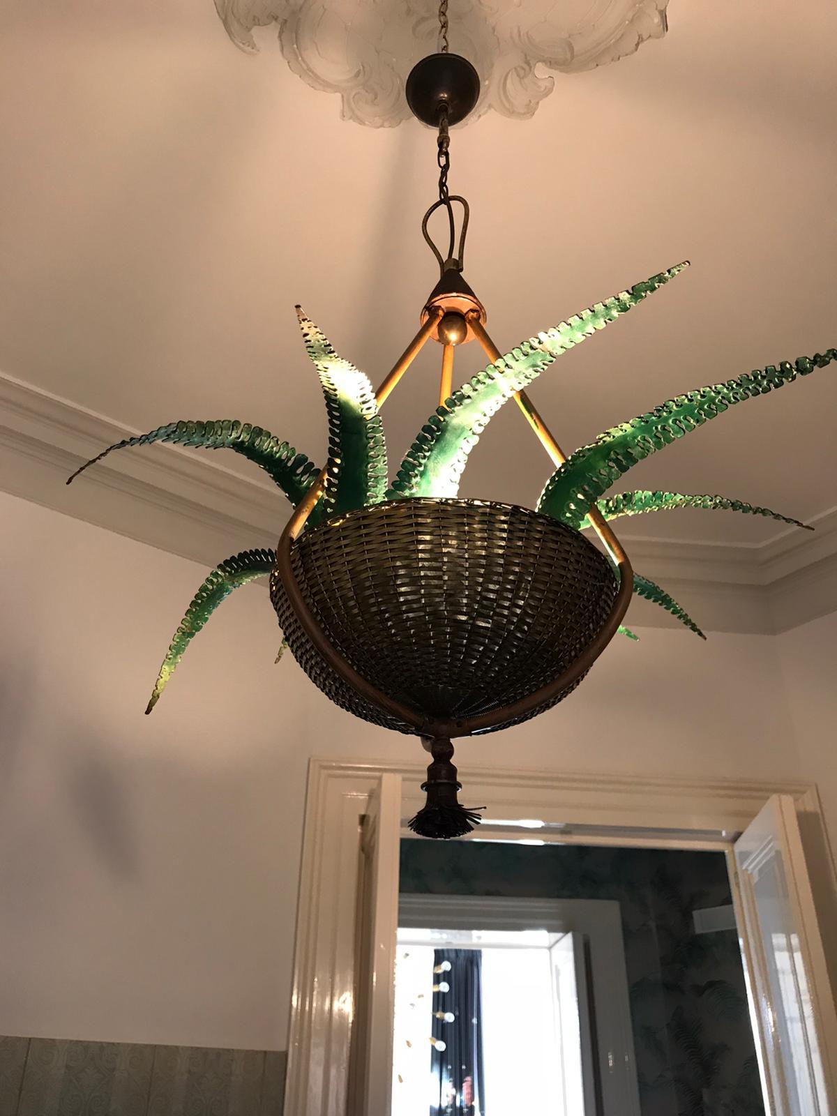 Vintage Italian chandelier with leaves made of painted metal and brass basket Manufactured by Banci Firenze, circa 1960s, Made in Italy.