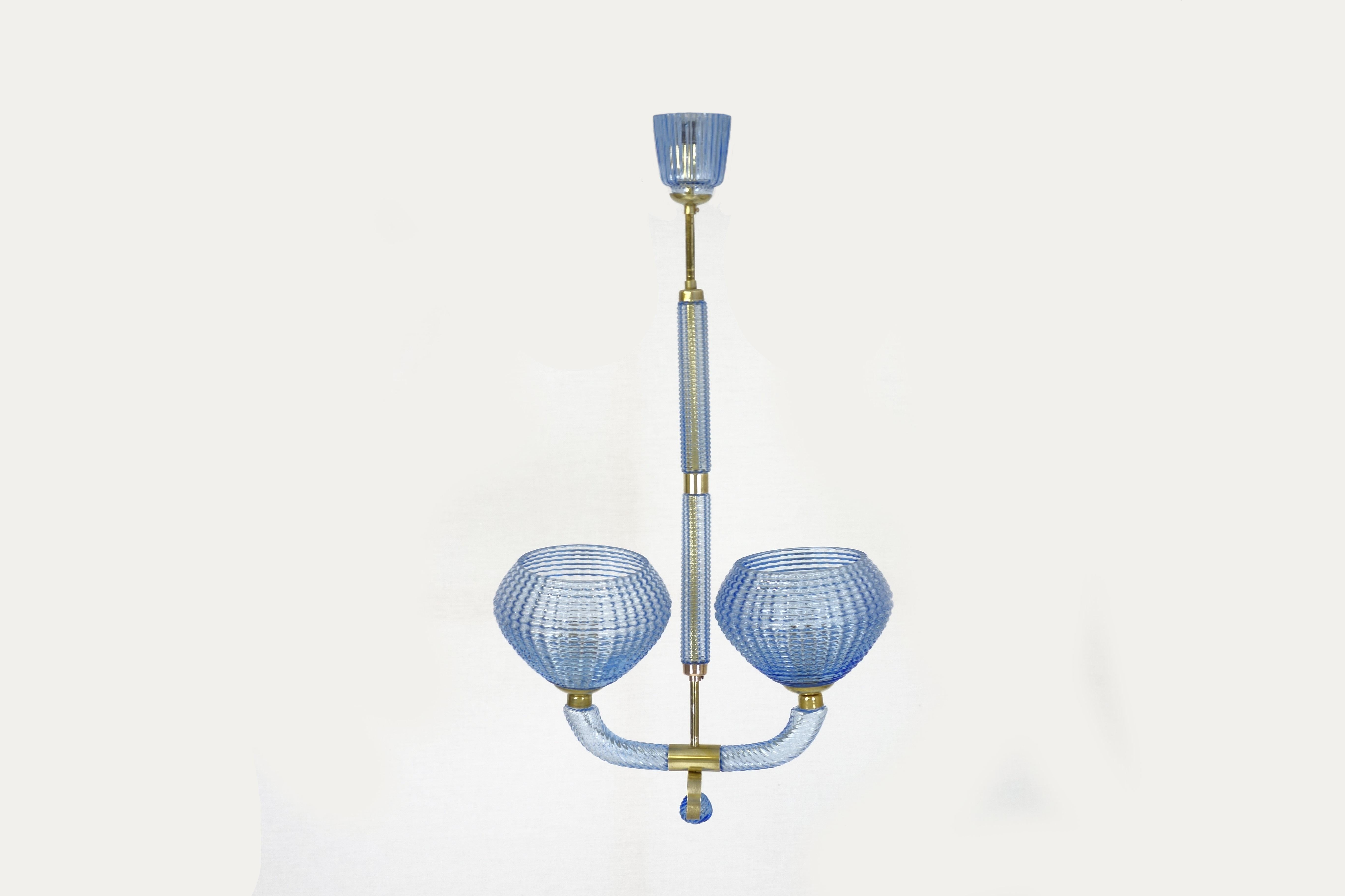 Chandelier by Barovier & Toso, Murano glass blue 1940s brass finishing In Good Condition In Vienna, AT